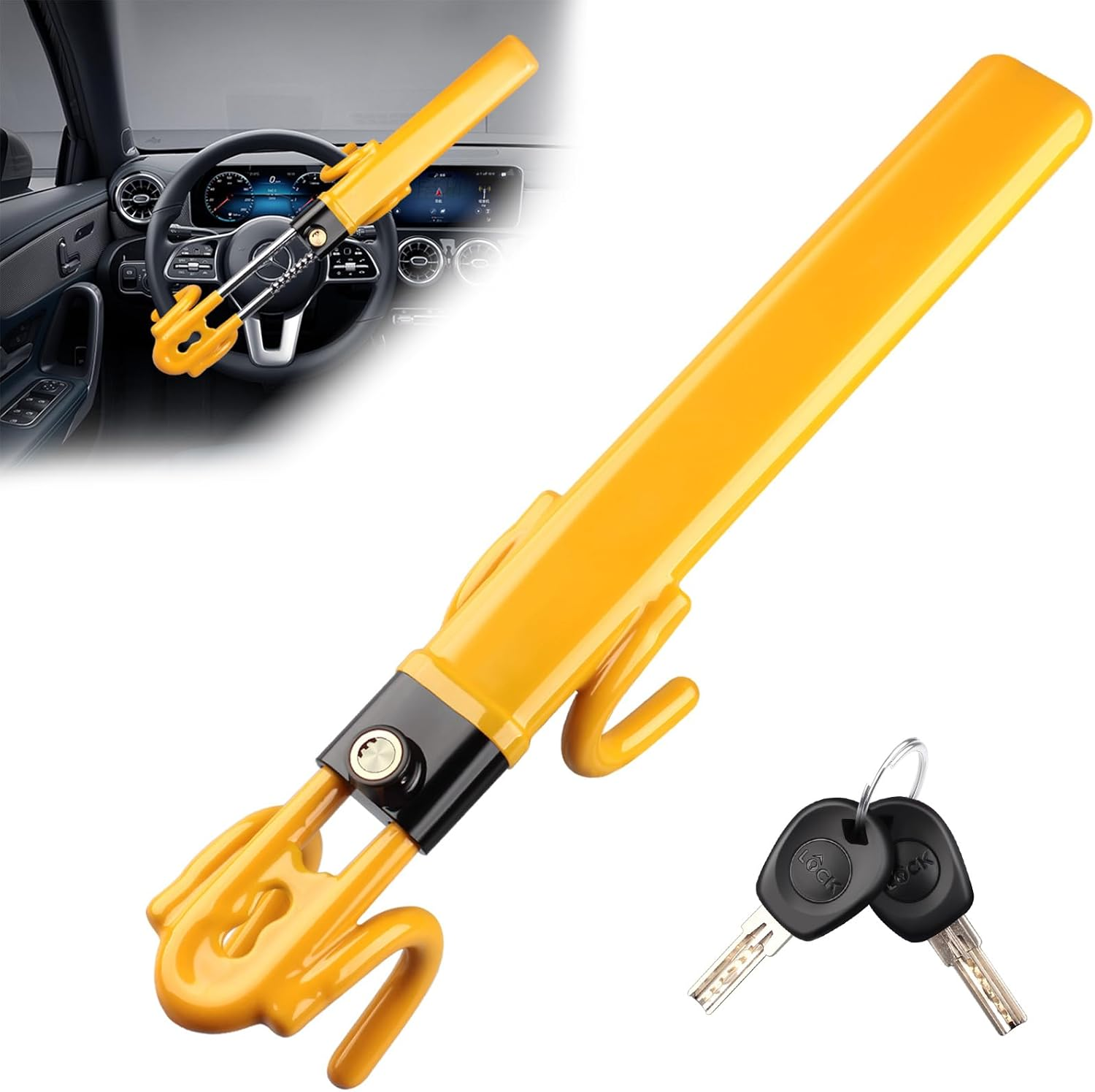 NOEAIKE Steering Wheel Lock,Heavy Duty Anti-Theft Car Device with Double Hooks Design for Enhanced Vehicle Protection,Adjustable Length Locking with 2 Keys Universal Fit (Yellow)