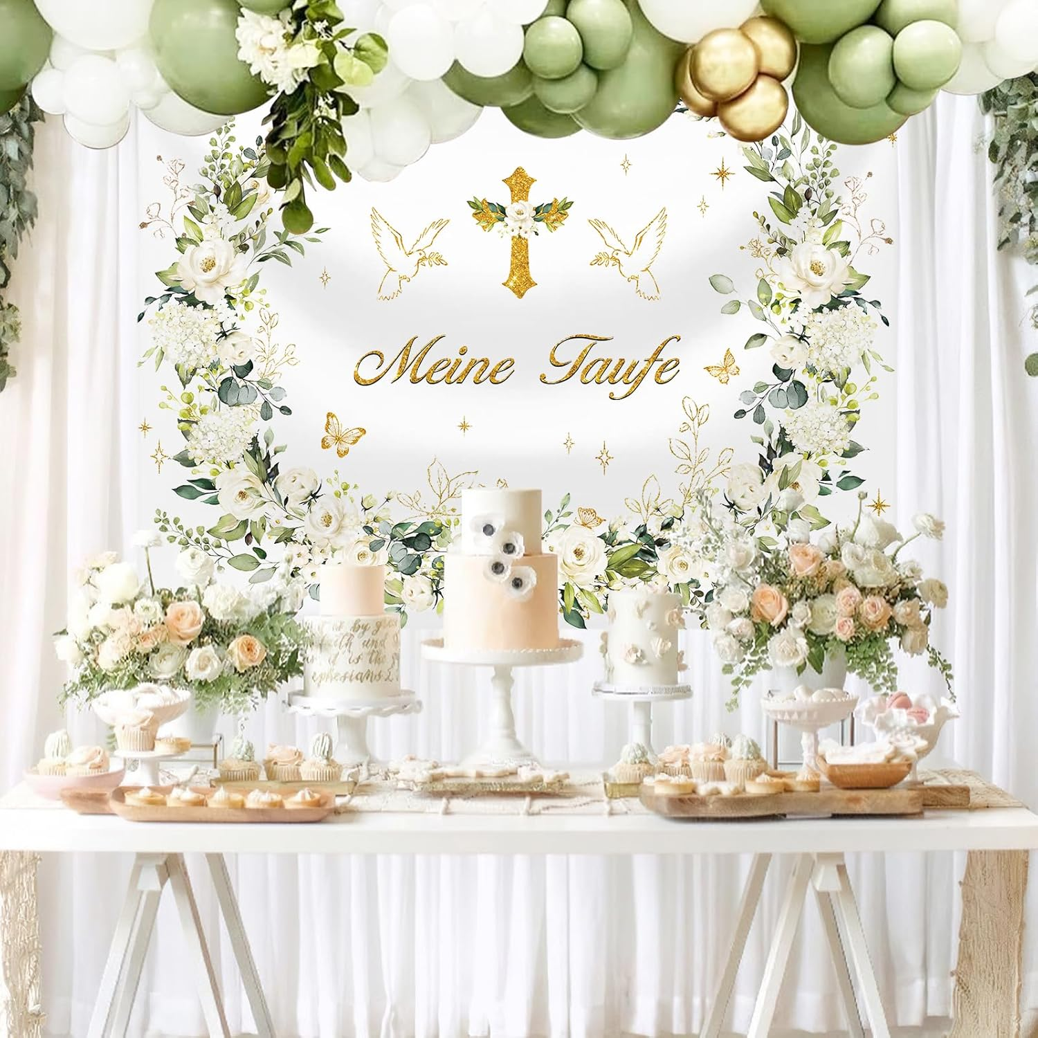 MEHOFOND 2.1 X 1.5 M My Christening Background Pure Garland Dove Cross Leaf Background Boys Girls Newborn Baby Shower First Communion Christening Party Banner Decorative Accessories Photo Props image number 2