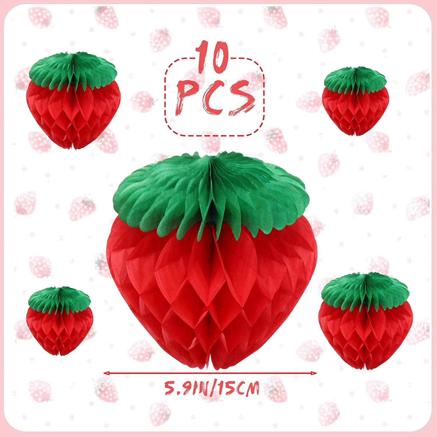 Skylety 10 Pieces 6 Inch Paper Strawberry Honeycomb Ball Tissue Paper Strawberry Ball for Birthday Party Decoration(Red) - Red image number 3