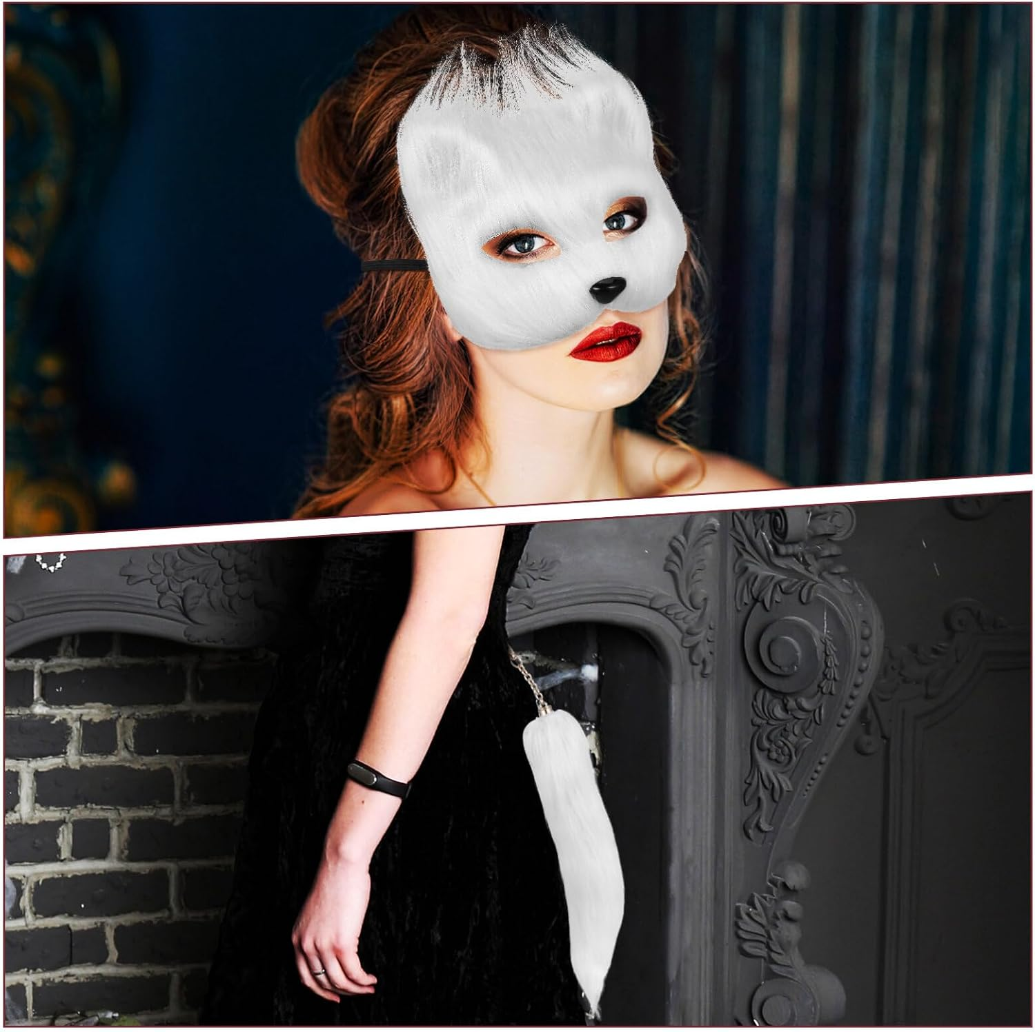 PACKOVE Faux Mask Cat Wolf Cosplay Costume Set Plush Mask Furry Fox Mask Mask Animal Tail Halloween Party for Girls Women White image number 3