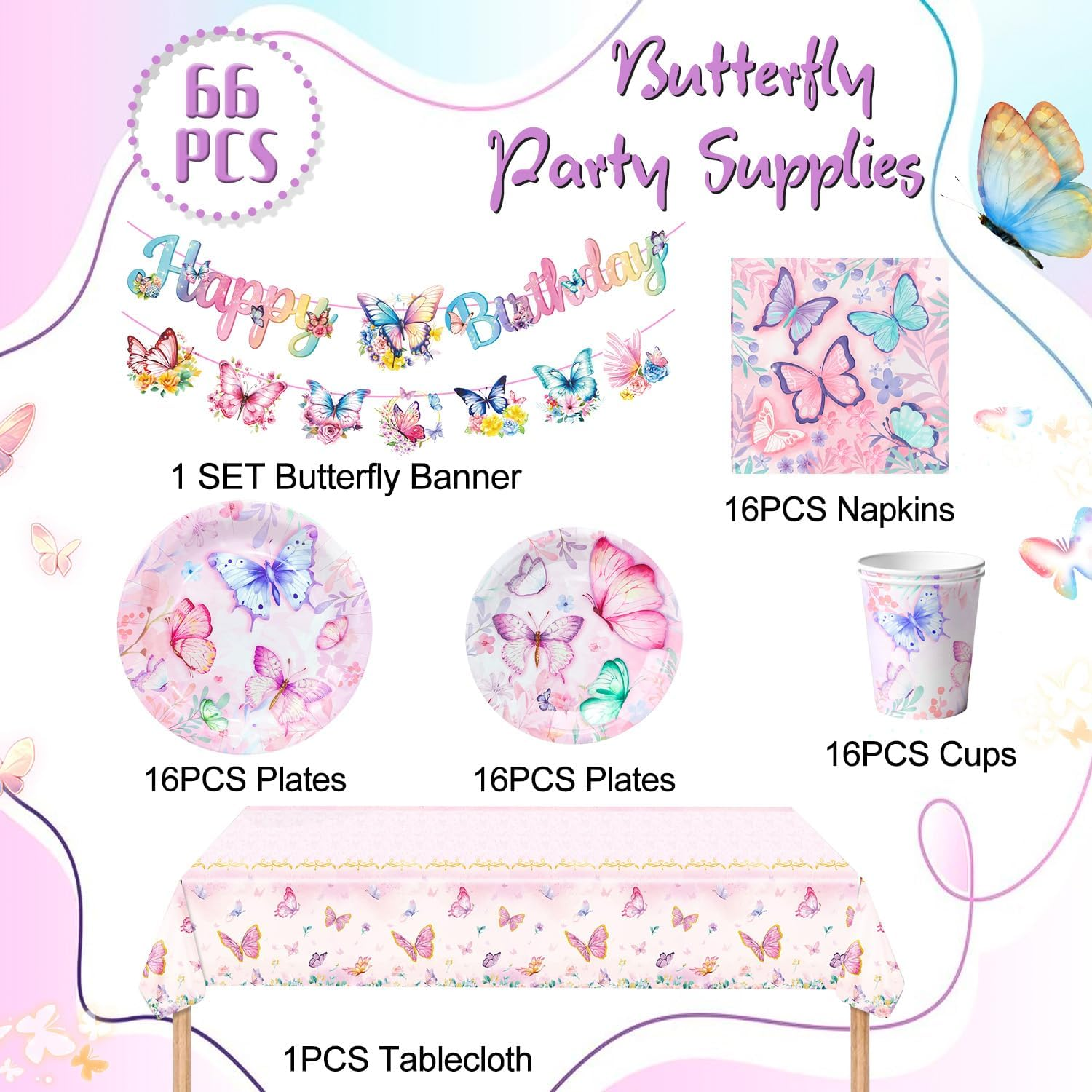 Butterfly Birthday Party Supplies, Butterfly Plates and Napkins Party Supplies - Plates Napkins Cups Tablecloth & Birthday Decorations Banner for Theme Decor image number 3