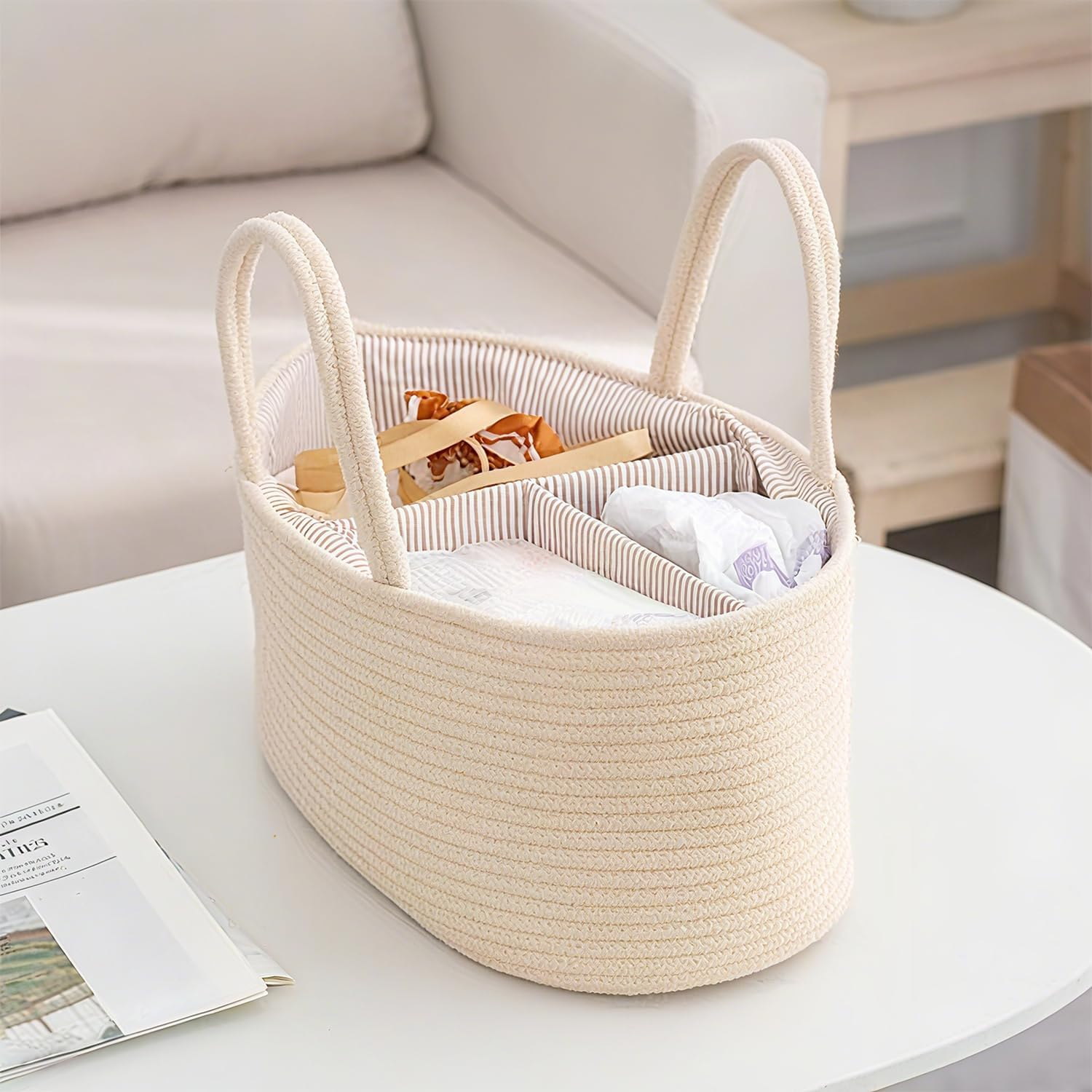 Diaper Caddy Organizer, Baby Storage Basket, Nursery Bin and Car Organizer for Diapers, Gift Basket for Baby Shower List or Newborn Essentials, Boys and Girls -(Beige) image number 5