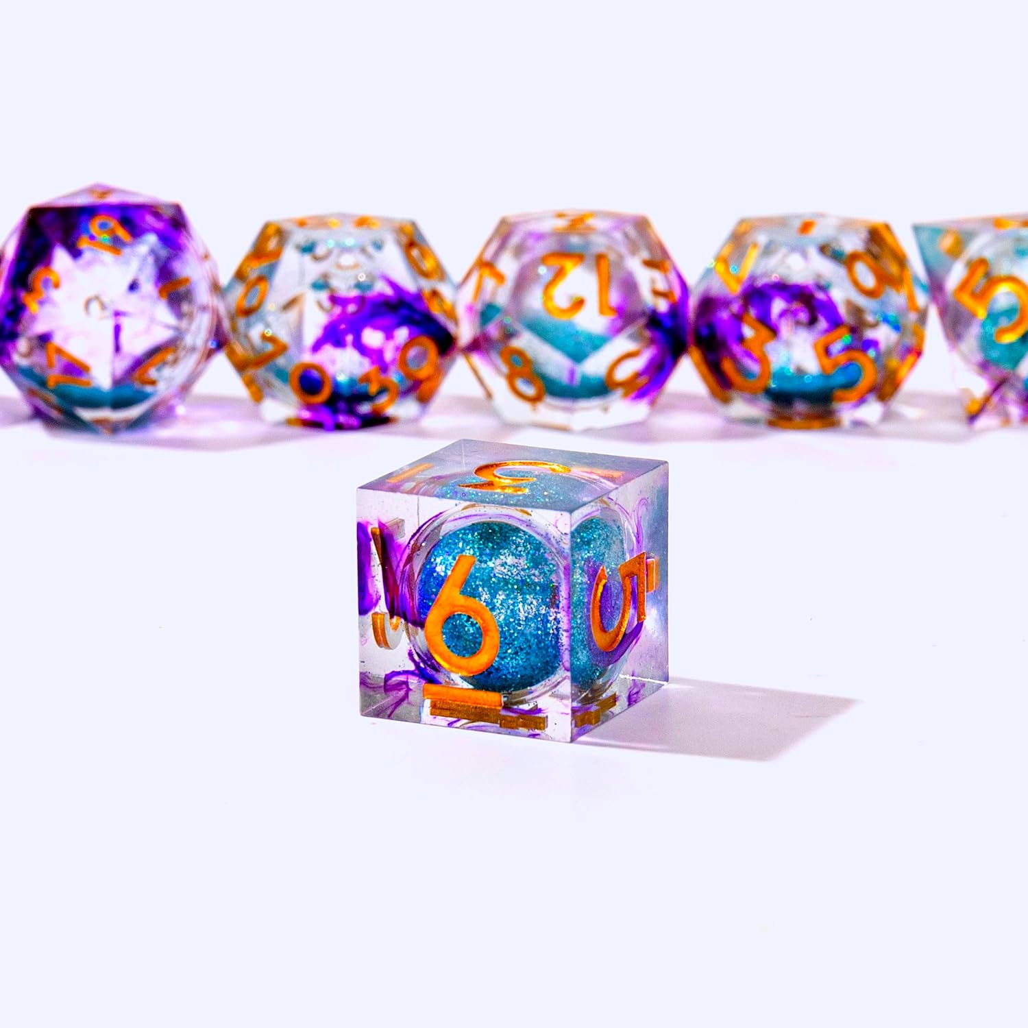 Liquid Core DND Dice Set,Sharp Edge Liquid Core Resin Handmade Cat Eye Dice with Gift Box 7 PCS for Role Playing Dungeons and Dragons Ttrpg(Purple&Blue Quicksand) - Blue Dark Cat Eye image number 3