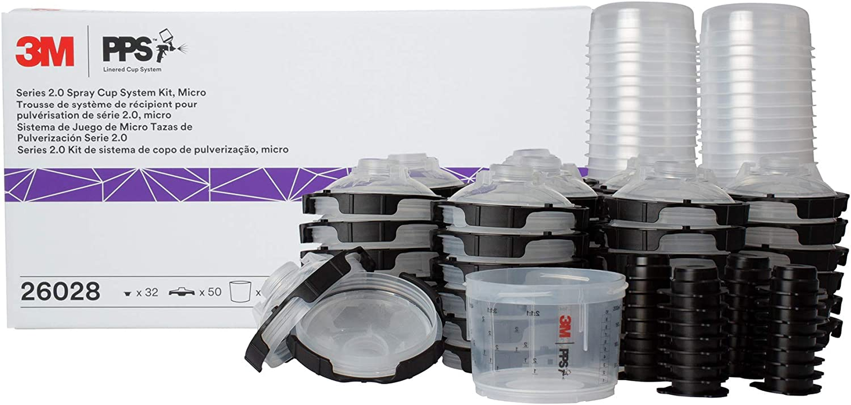 3M PPS 2.0 Spray Gun Cup, Lids and Liners Kit, 26114, Mini, 6 Ounces, 200-Micron Filter, Use for Cars, Furniture, House and More, 1 Paint Cup, 50 Disposable Lids and Liners, 32 Sealing Plugs, White - 3 Oz (Micro)