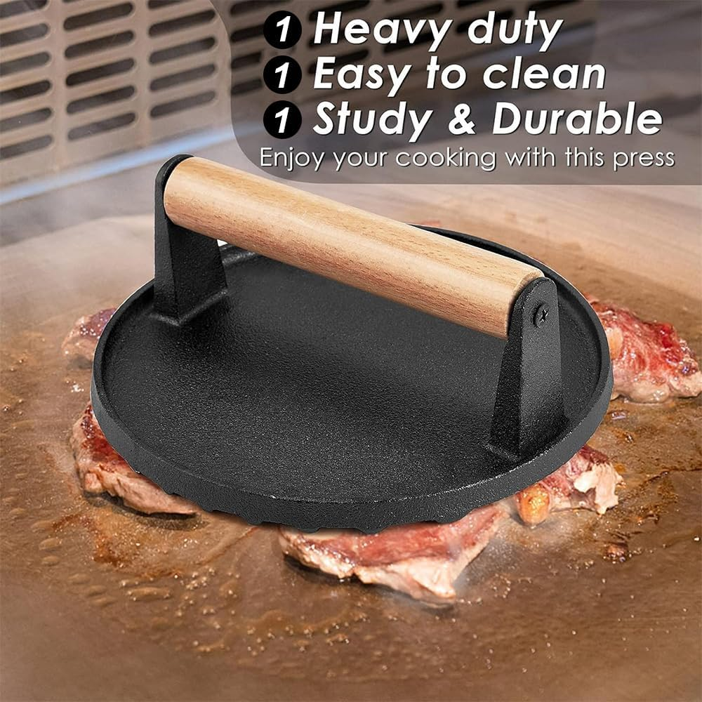 6.9 Inch Smashed Burger Press, 1.1KG Cast Iron Grill Press with Pan Clamp, Burger Smasher Griddle Heat Resistant Wooden Handle, Meat Press Griddle Press for Flat Top Grill Cooking Bacon Steak image number 3