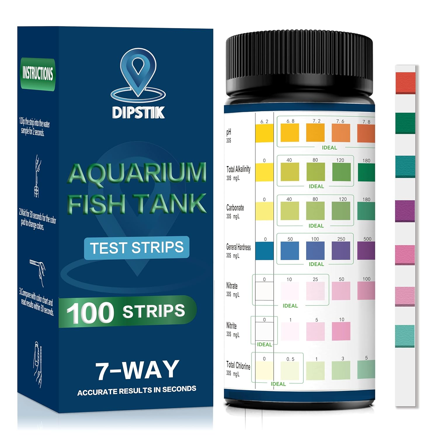 Aquarium Test Strips, 7-Way Freshwater Saltwater Kit, 100 Strips: Nitrate, Nitrite, Chlorine, Hardness, Alkalinity, Carbonate, Ph image number 4