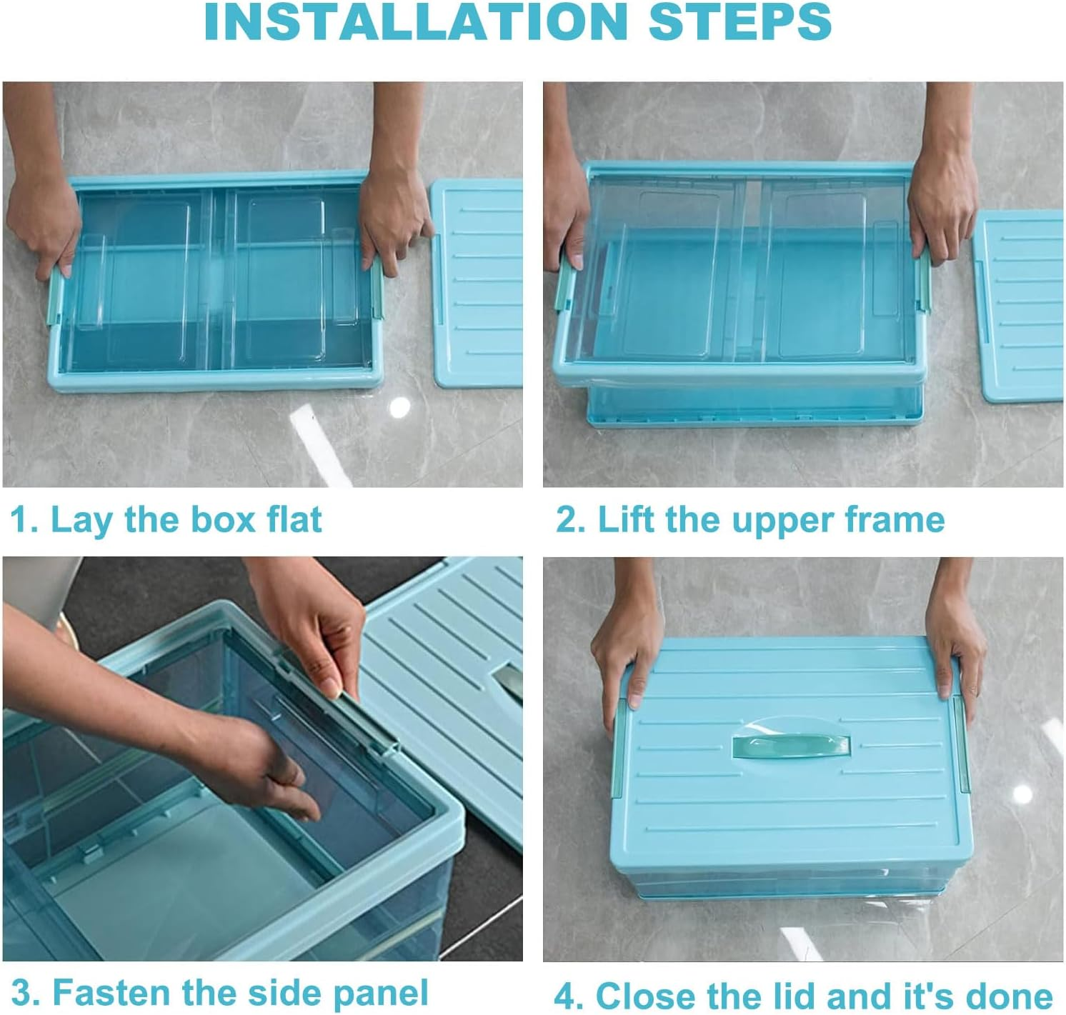 Clear Foldable Storage Bins with Lids Plastic Collapsible Box, Stackable Clear Latch Storage Box with Handle, Folding Plastic Containers, Folding Latching Crate for Closet Home Kitchen Car Trunk, Blue