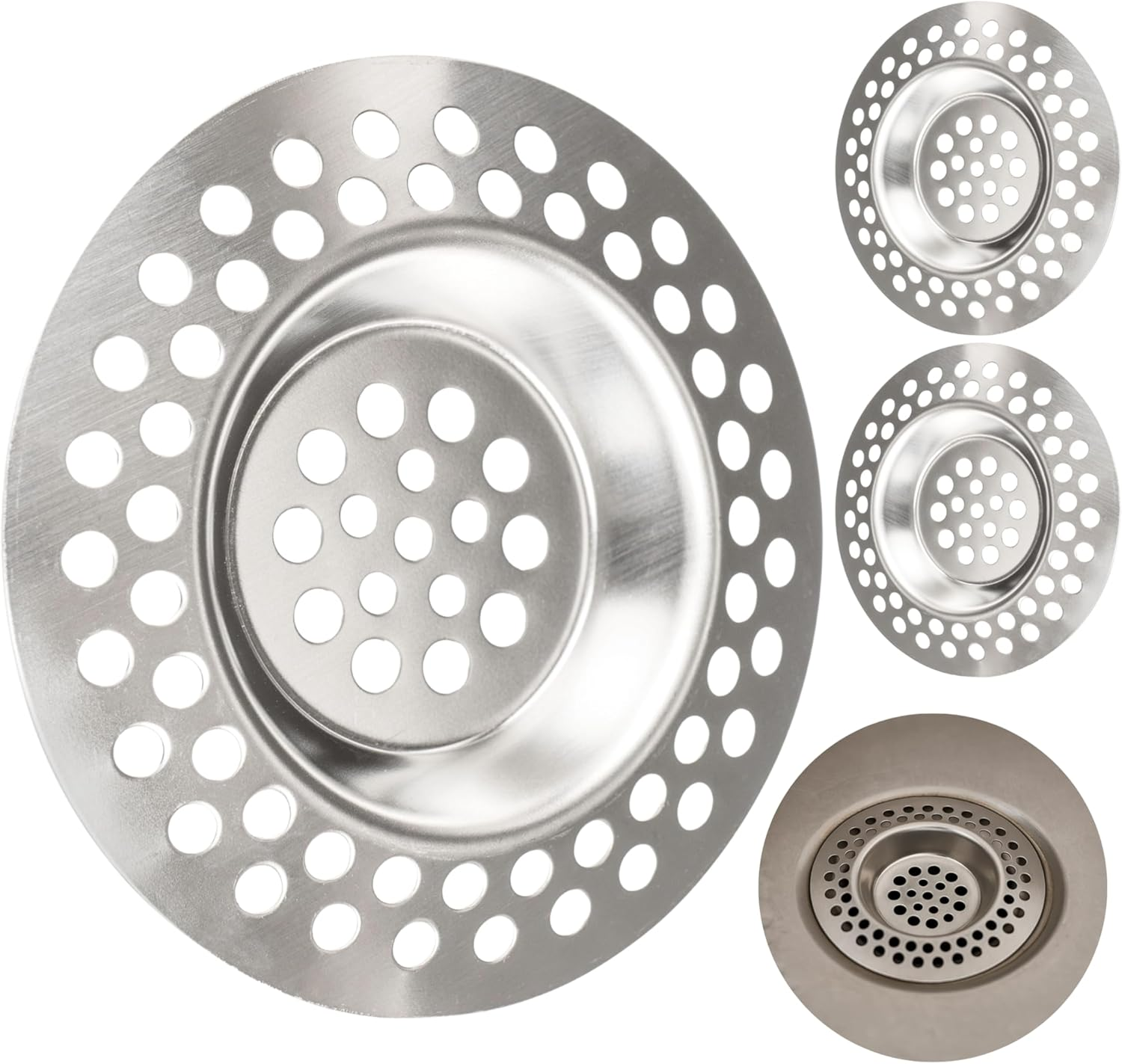 Stainless Steel Drain Strainer 3 Pack Diameter 70Mm outside 42Mm inside Protrudes 9.5Mm Spout Drain Strainer for Kitchen Sink, Sink, Shower Tray, Bathtub, Hair Strainer and Food Scraps Strainer, Hair Filter Basket image number 3