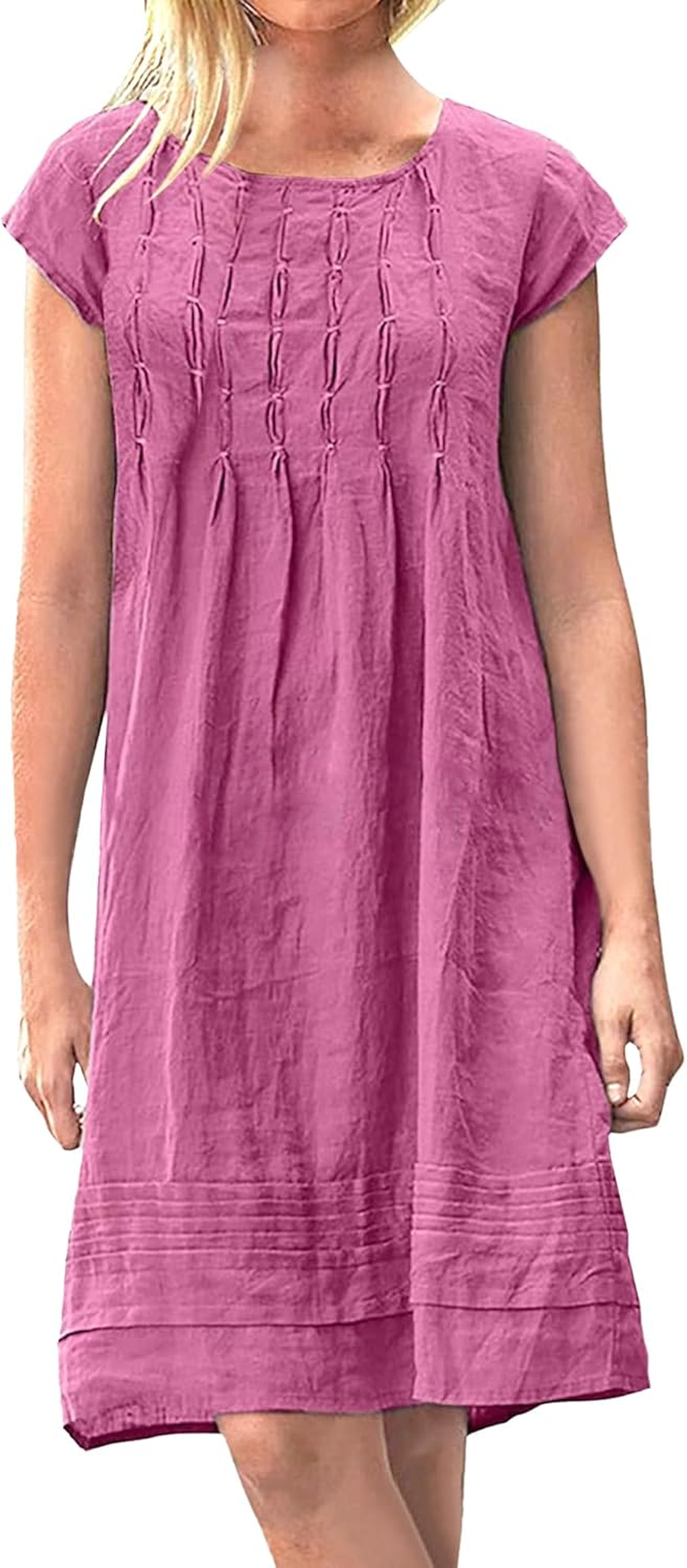 Women'S Cotton Linen Pleated Midi Dresses Casual round Neck Shift Dress Short Sleeve Beach Vacation Sundress image number 2