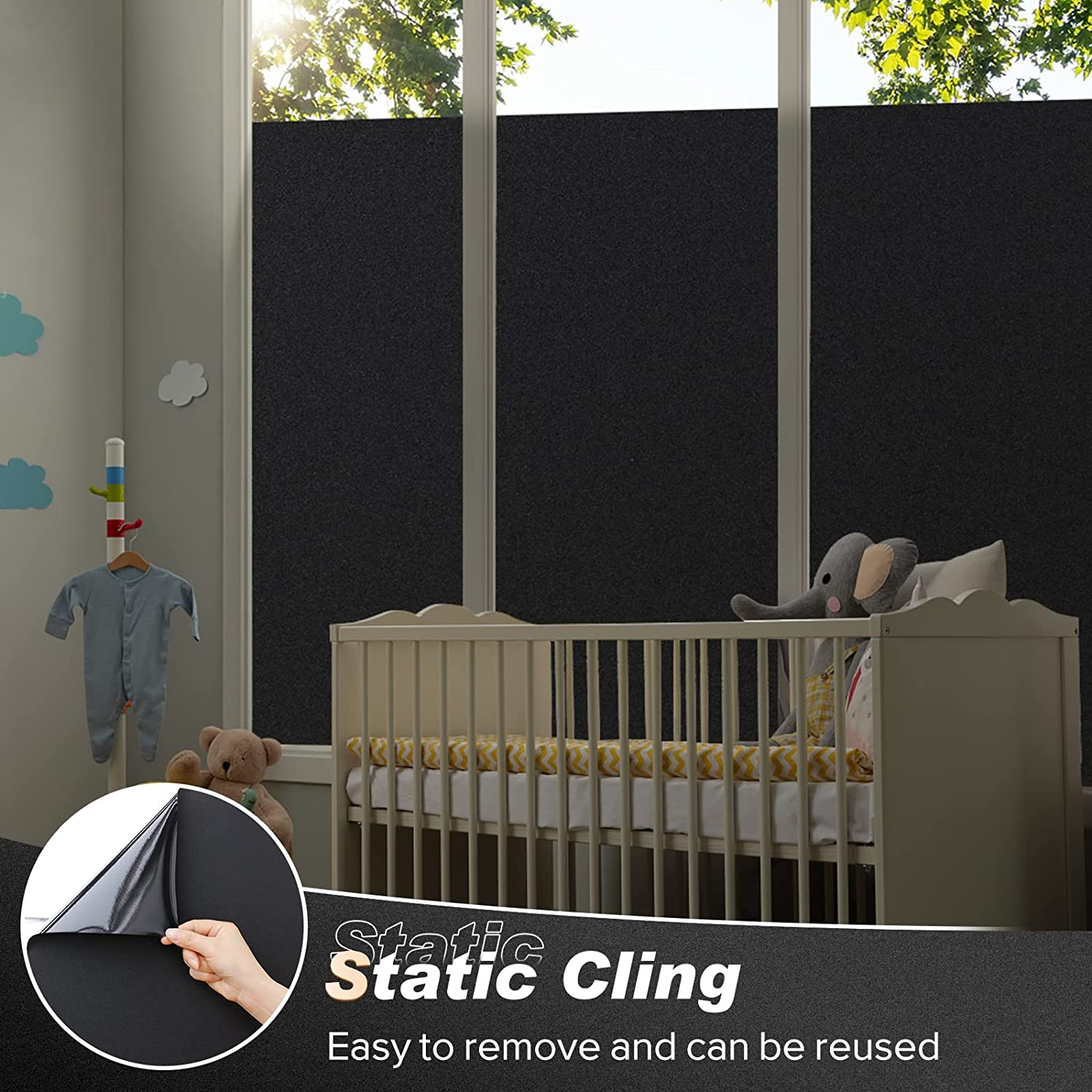 Rabbitgoo Blackout Window Film Privacy Window Cling Dark Window Tinting Film Non-Adhesive Window Sticker Light Blocking (Matte Black, 44.5 X 200 Cm) image number 3