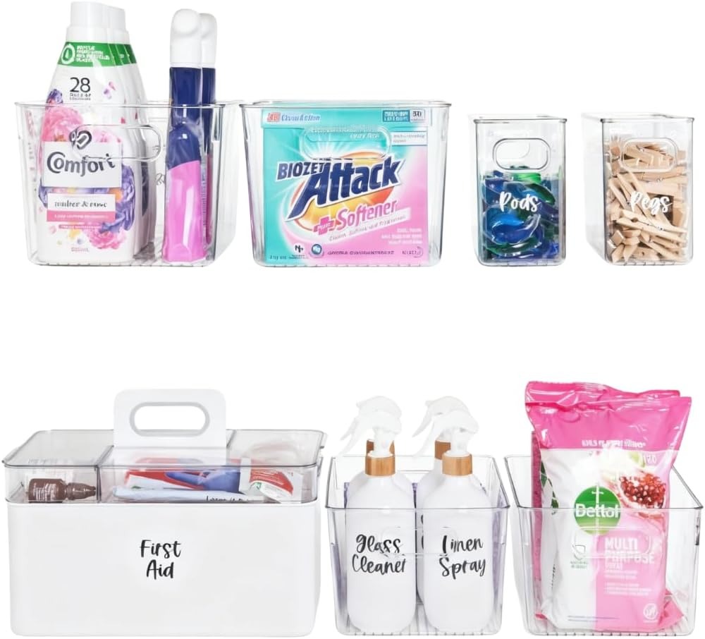 Laundry Storage & Organisation Set &ndash; 7 Piece Clear Plastic Storage Tubs and First Aid Caddy with Handles, Durable Bpa-Free Organisers for Laundry, Bathroom, Kitchen and Home image number 4