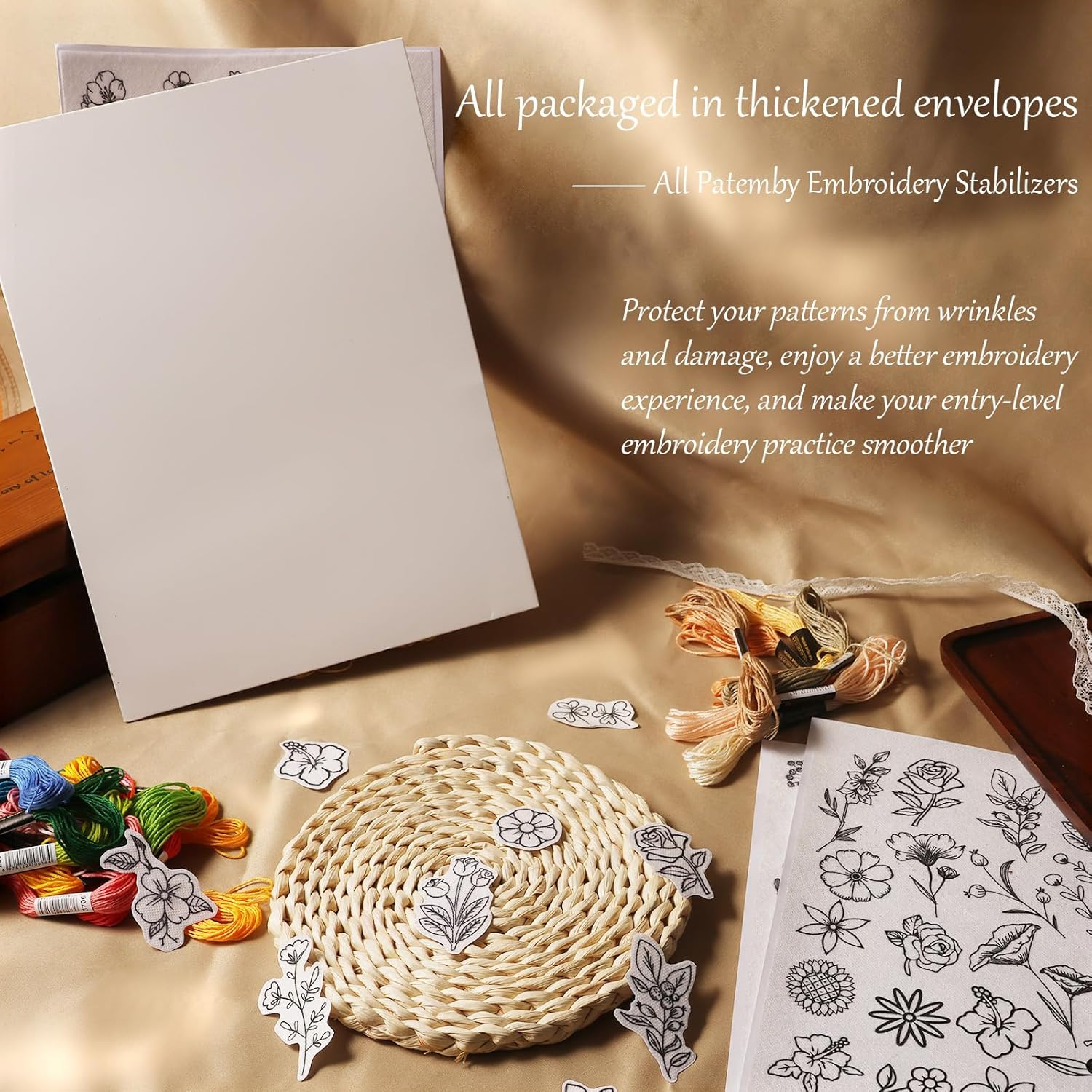 Patemby 50Pcs Water Soluble Embroidery Stabilizers, Stick and Stitch Embroidery Paper with Pre-Printed Flowers and Leaves Pattern Transfers for Hand Sewing Lover Beginners (Flower) image number 2