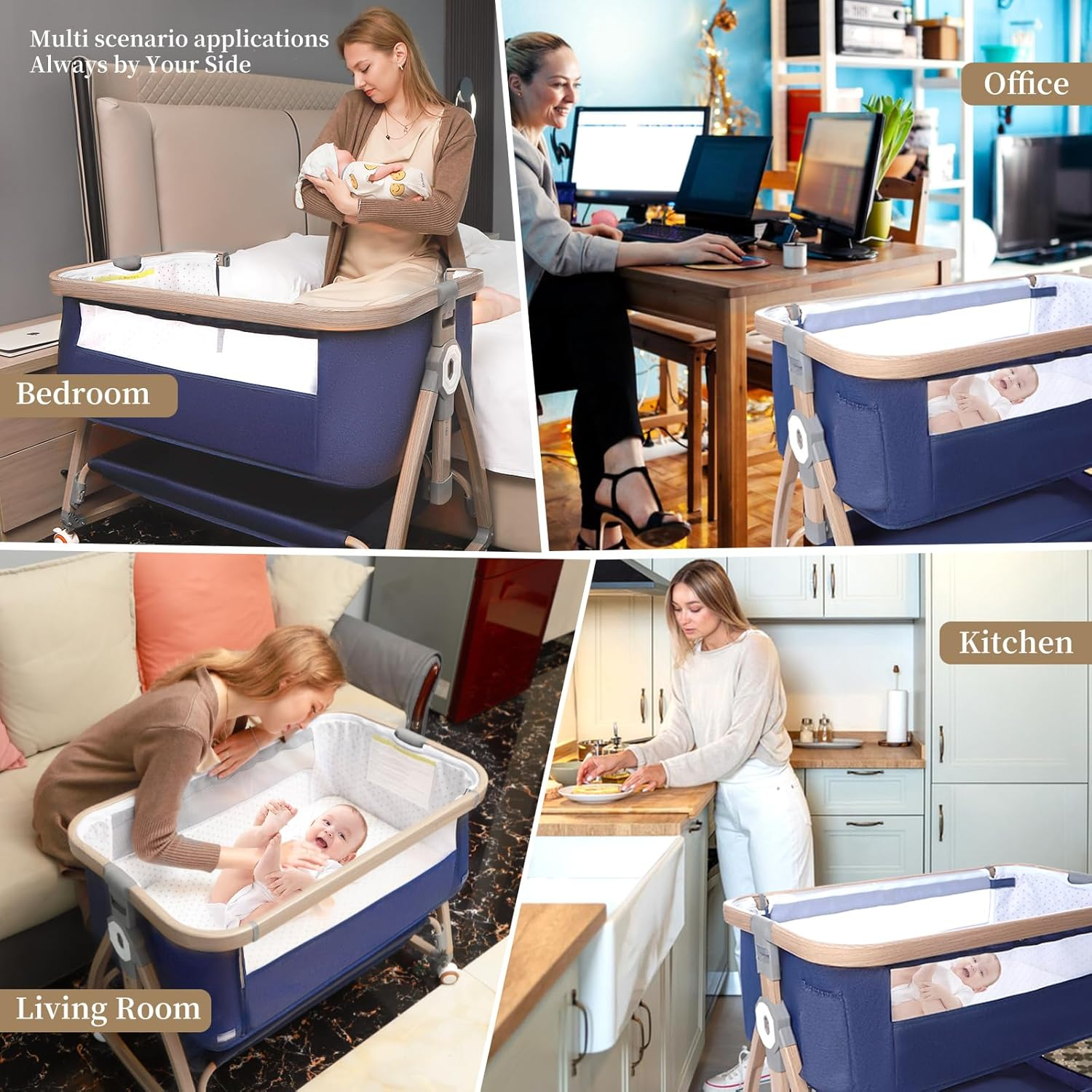 3 in 1 Baby Bassinet, Bedside Sleeper for Baby, Bedside Crib with Wheels & Storage Basket & Mosquito Net, Height Adjustable Baby Bed, Portable Bassinet for Newborn/Infant