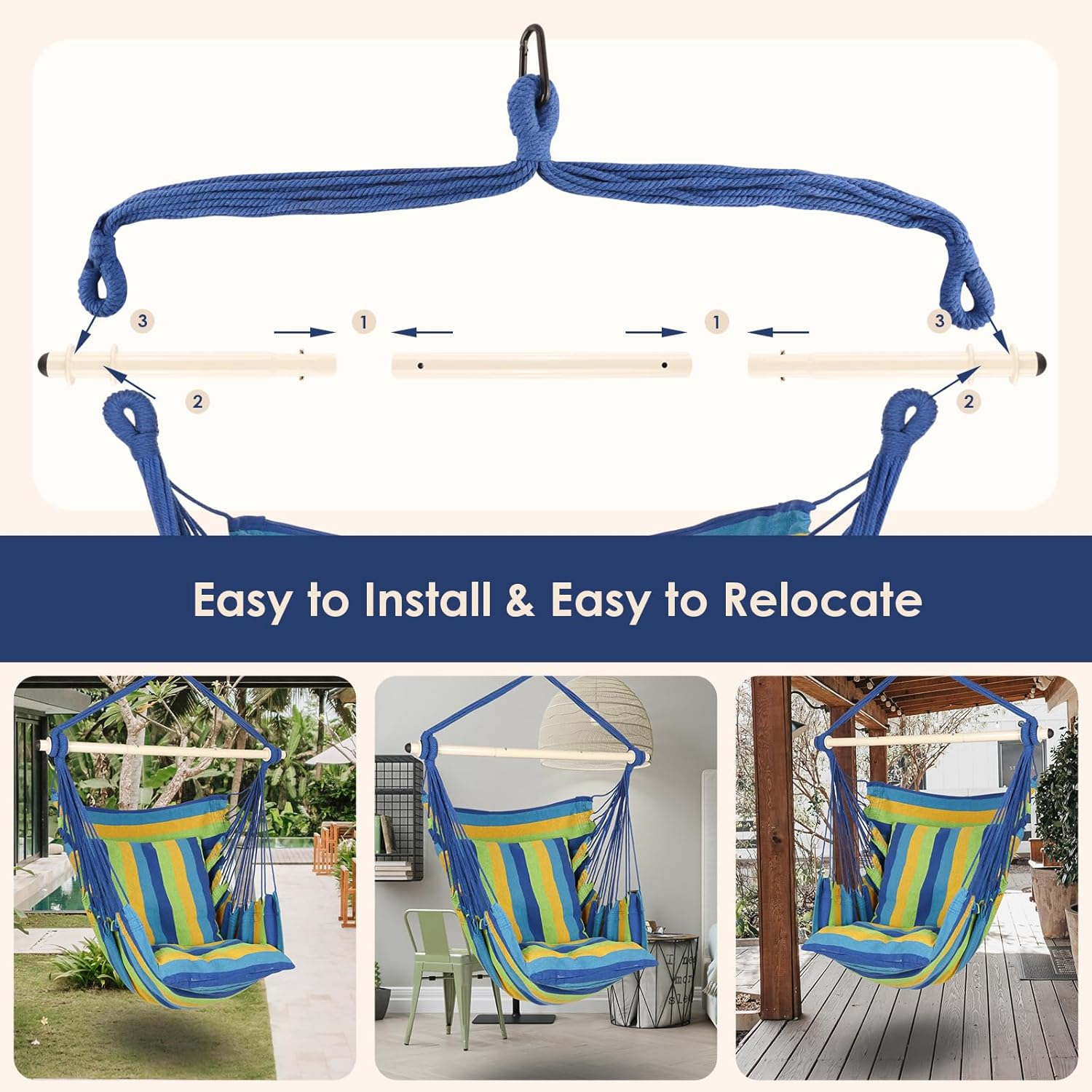 Highwild Hammock Chair Hanging Rope Swing - Max 500 Lbs - 2 Cushions Included - Steel Spreader Bar with Anti-Slip Rings - for Any Indoor or Outdoor Spaces (Blue Striped) - C- Cushions Included-Grey image number 3
