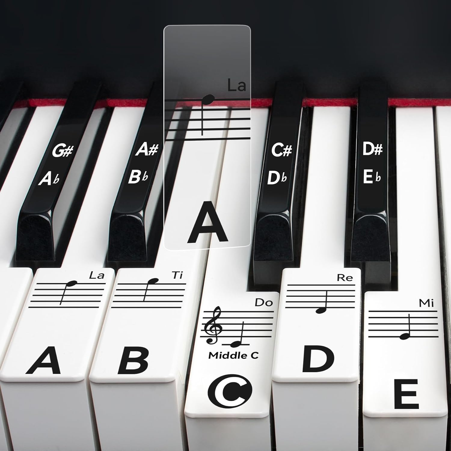 Runzoos Piano Keyboard Stickers for 88/76/61/54/49 Keys, Transparent and Removable Piano Stickers for Beginners, Keyboard Letters Labels, Piano Notes Guide (Black)