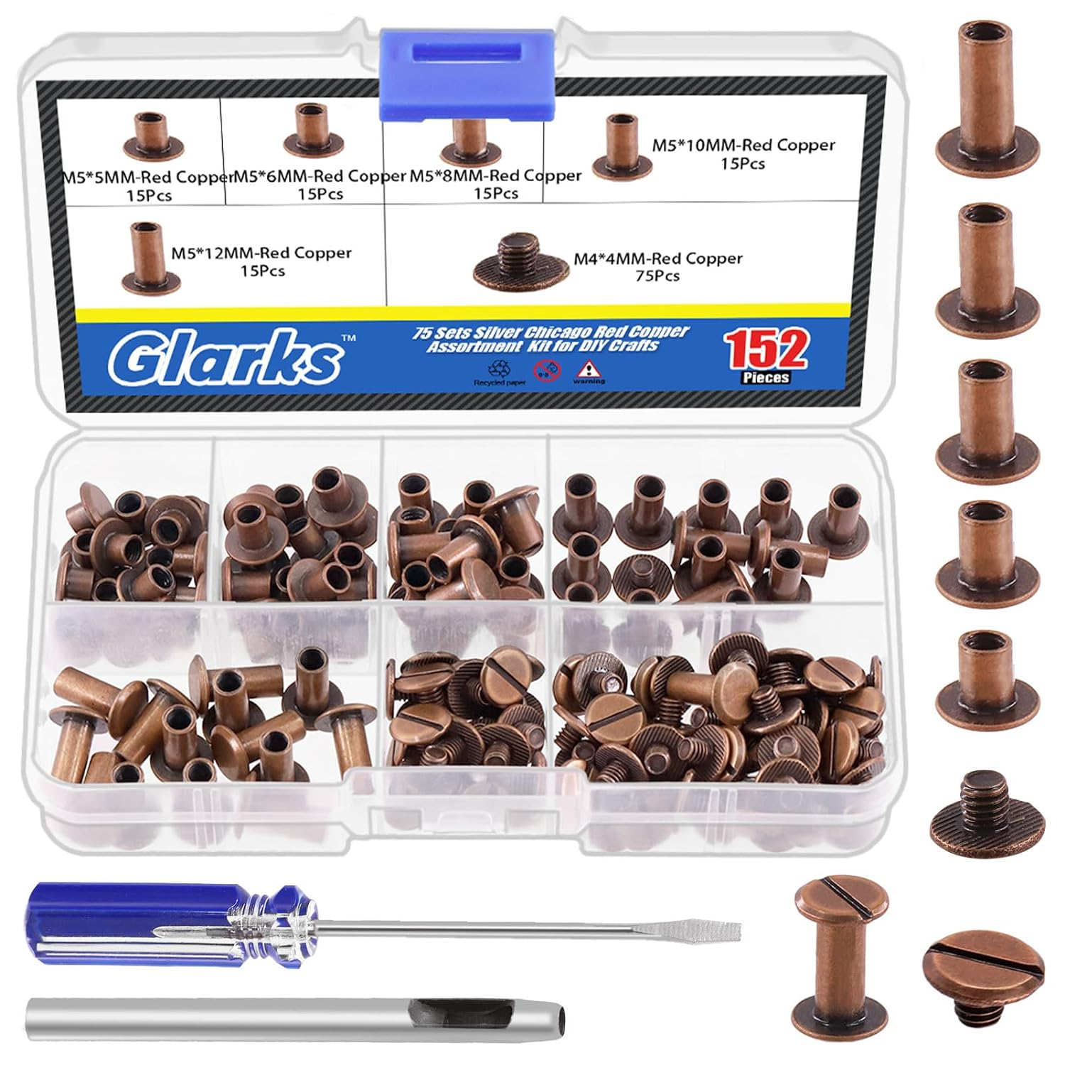 Glarks 150 Sets Red Bronze Chicago Screws Assorted Kit, M5 X 5Mm, 6Mm, 8Mm, 10Mm, 12Mm Chicago Rivets and 4X4Mm Flat Head Stud Screw, Nail Rivet Chicago Button Screw Posts Metal Accessories image number 5