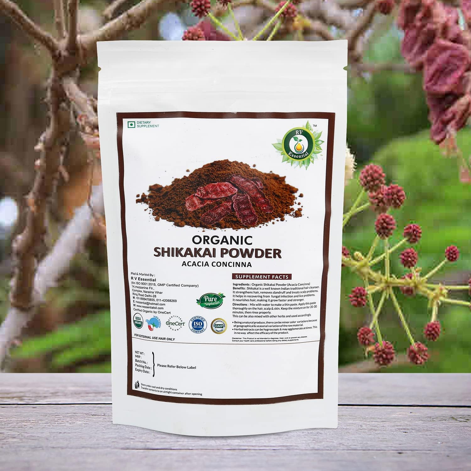 R V Essential Organic Shikakai Powder 100Gm/ 3.53Oz/ 0.22Lb- Acacia Concinna Shikakai Fruit Powder for Hair USDA Organic Certified Ayurvedic Herbal Supplement in Resealable and Reusable Zip Lock Pouch