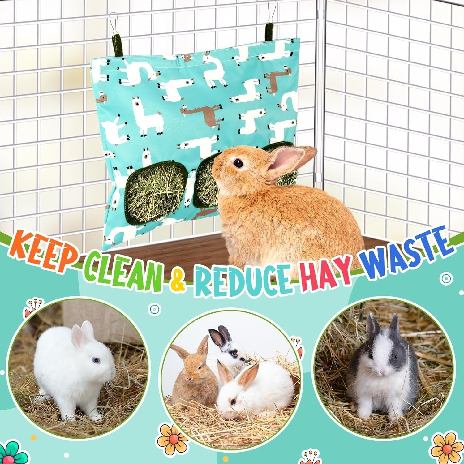 2 Pcs Rabbit Hay Feeder Bag, Small Animal Hay Feeder Holder with 3 Pockets, Guinea Pig Hay Feeder,Hay Dispenser Storage Manger for Rabbit Guinea Pig Hamsters Chinchilla Small Pets image number 6