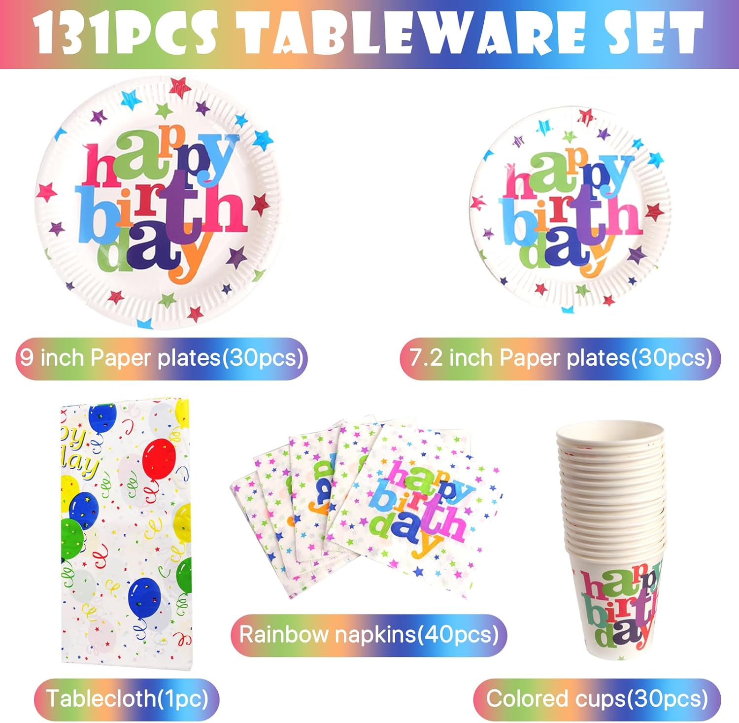 131 PCS Rainbow Birthday Party Tableware Set with Paper Plates Cups Napkins Tablecloth Rainbow Birthday Party Supplies Decorations for 30 Guests