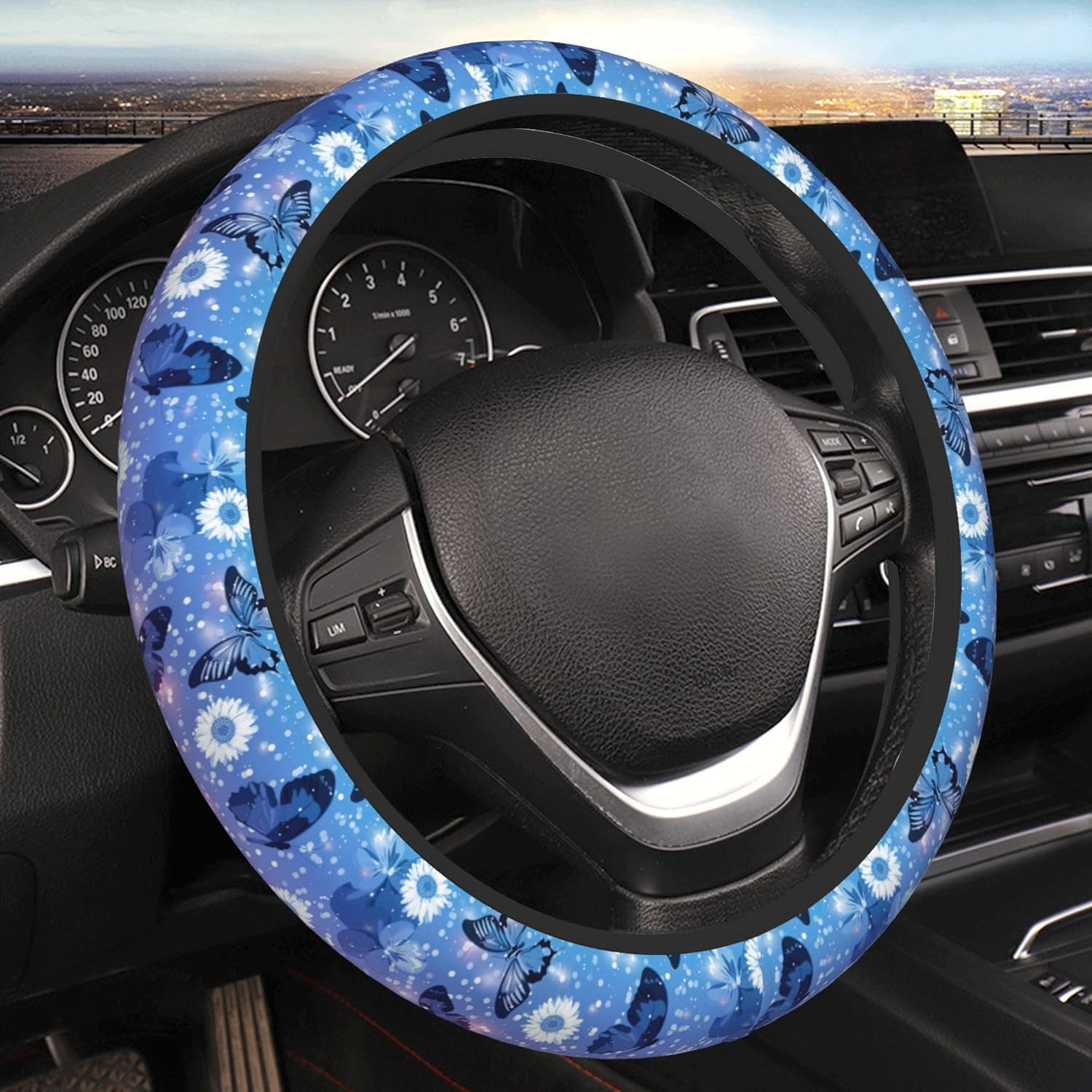 Daisy Floral Steering Wheel Cover Women Girls Cute Flower Car Steering Wheel Cover Black Anti-Slip Soft Neoprene Auto Accessories Interior Decor Protector Covers Gifts Elastic Universal 15 Inch