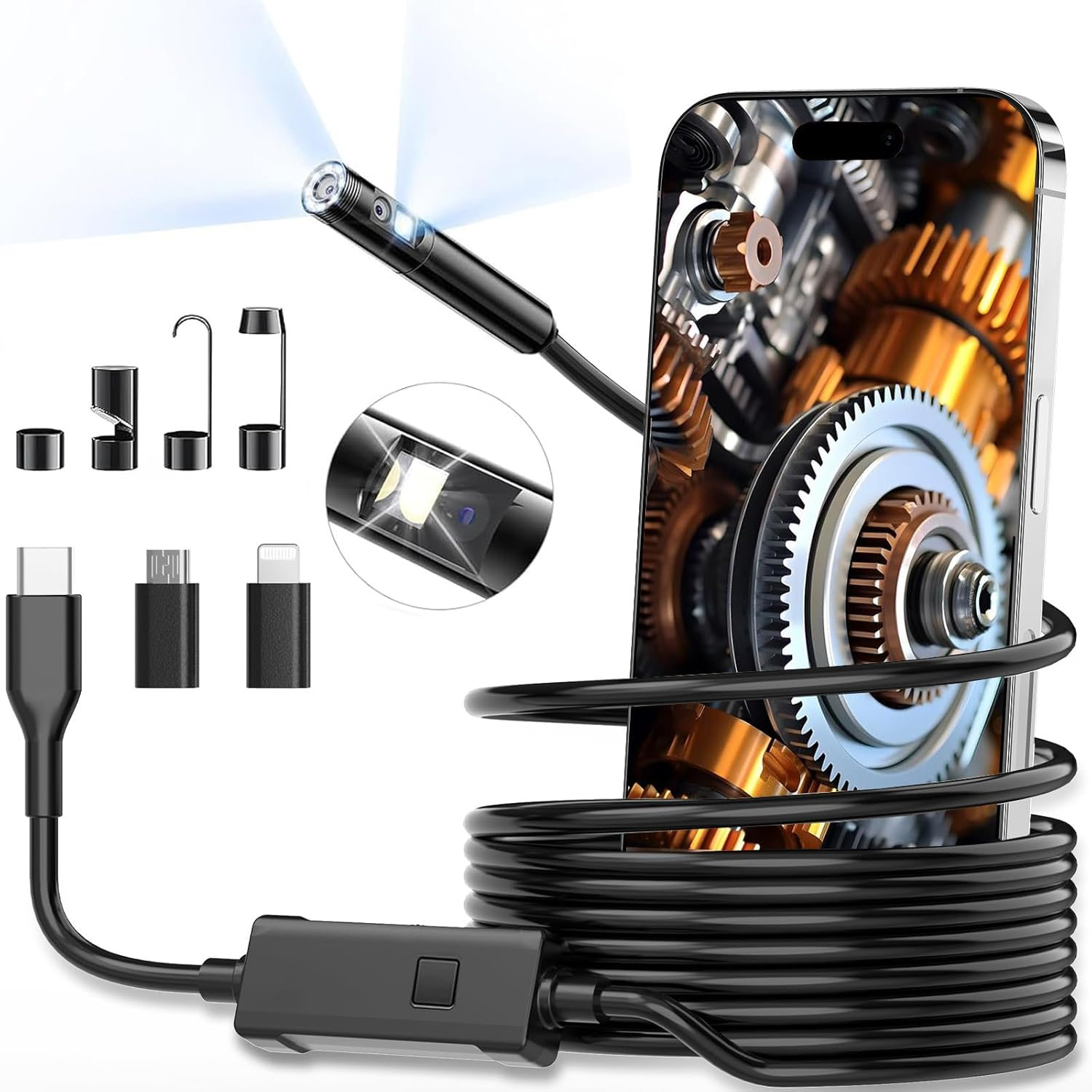 [Dual-Lens] Endoscope Camera with Light, 1920P Borescope Inspection Camera with 8+1 Adjustable LED Lights, Semi-Rigid Snake Cable 16.5FT, IP67 Waterproof for Iphone, Ipad, Samsung,Cool Gadgets for Men image number 5