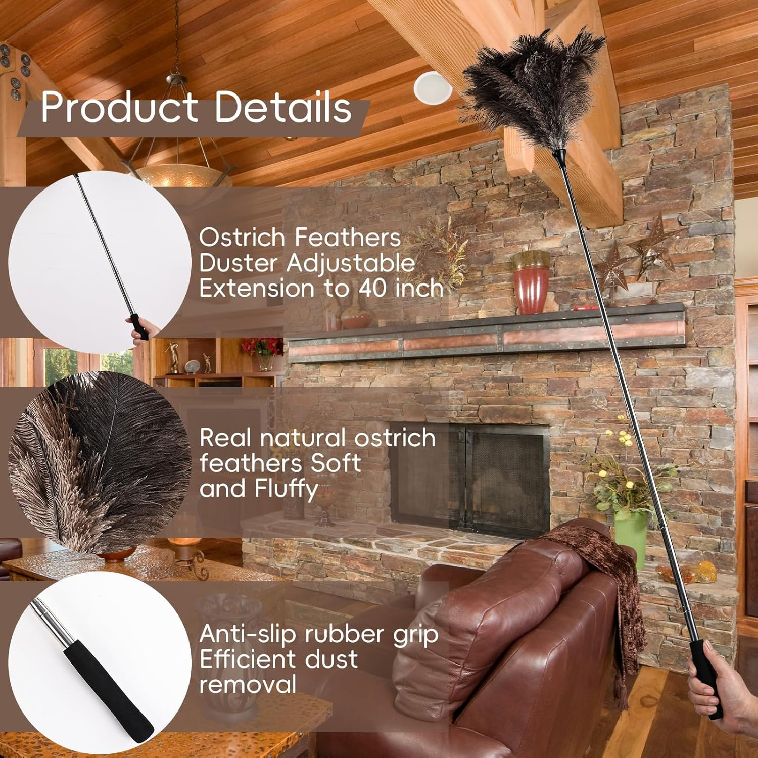 Extendable Ostrich Feather Duster - 40 Inches Fluffy Long Handle Reusable Feather Duster for Cleaning Ceiling Fan,Pendant Lamp, High Ceiling, Blinds, Furniture