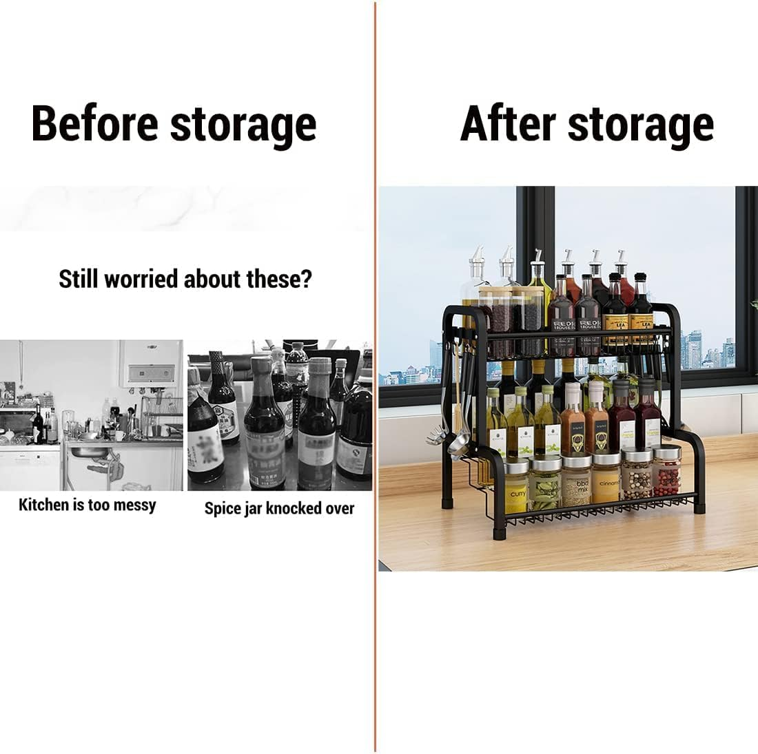 HCHANGEN Kitchen Spice Rack Organiser 2-Tier, Ladder Design Storage Stand with 8 Hooks image number 3