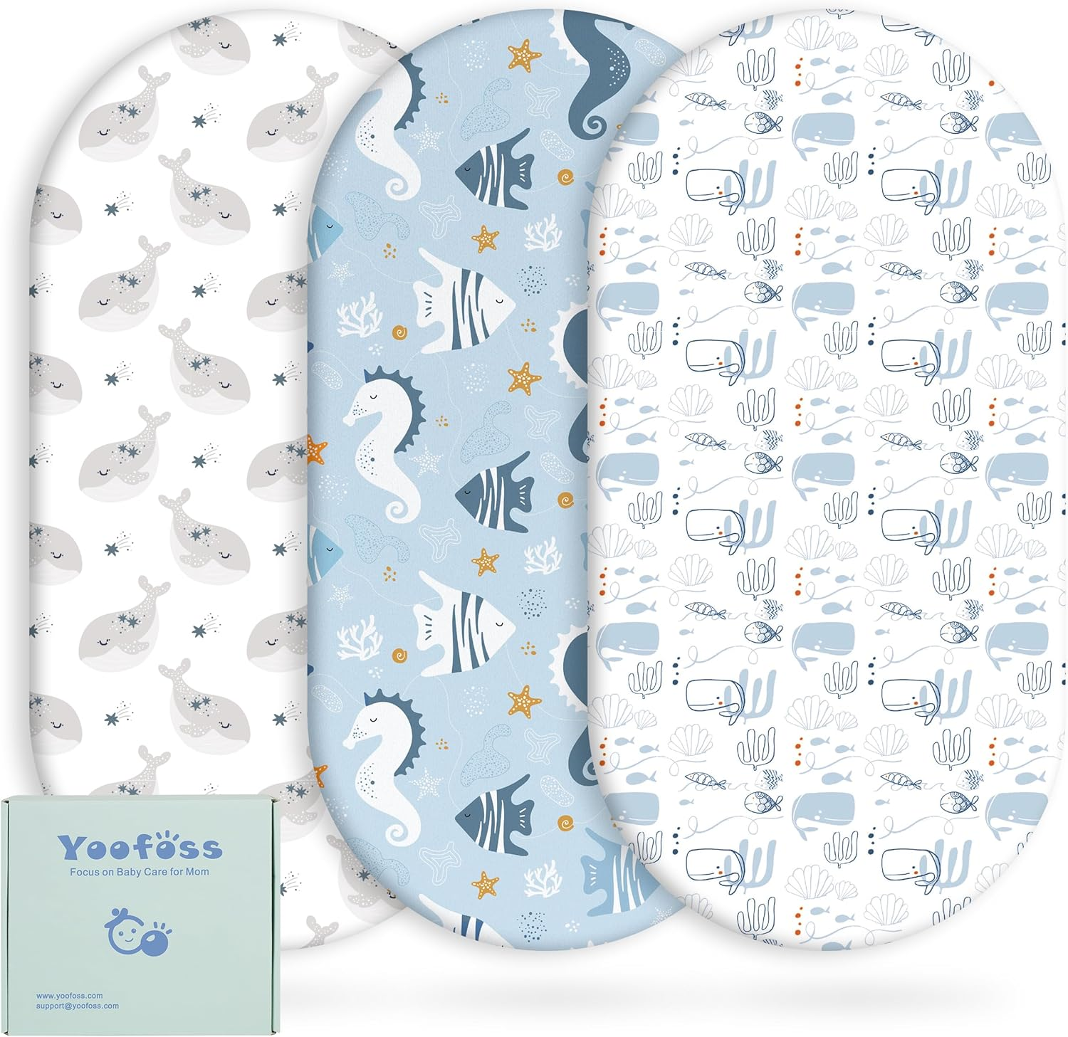 Yoofoss Bassinet Sheets Baby Girl Boy, Fitted Bassinet Sheet Set 3 Pack Universal Fit for Cradle Moses Basket Oval Rectangle round Hourglass Mattress,Soft Breathable (Blue+Seahorse)