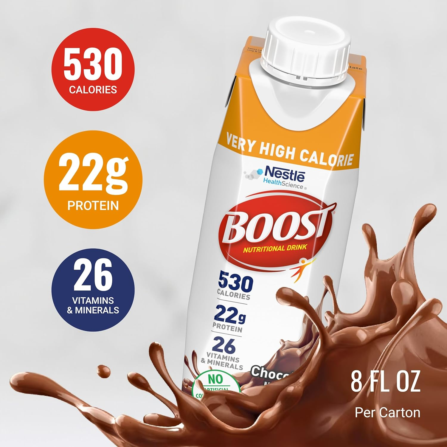 BOOST Very High Calorie Nutritional Drink &ndash; Helps Weight Gain & Maintenance -530 Calories -26 Vitamins & Minerals - 22 G Protein - Variety Pack - Vanilla, Chocolate & Strawberry - 8 Fl Oz (Pack of 24) image number 1