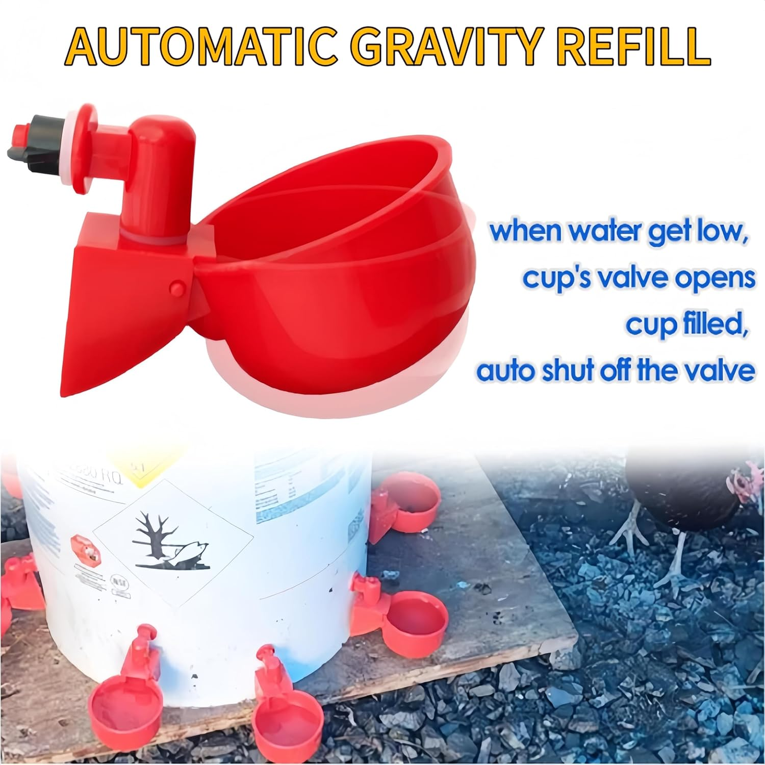 10 Pack Automatic Chicken Waterer Cups Poultry Drinker Kit for Chickens, Ducks, Turkeys Self-Filling Water Feeder with Drill Bit for Buckets, Barrels No Spill, Low Maintenance image number 5