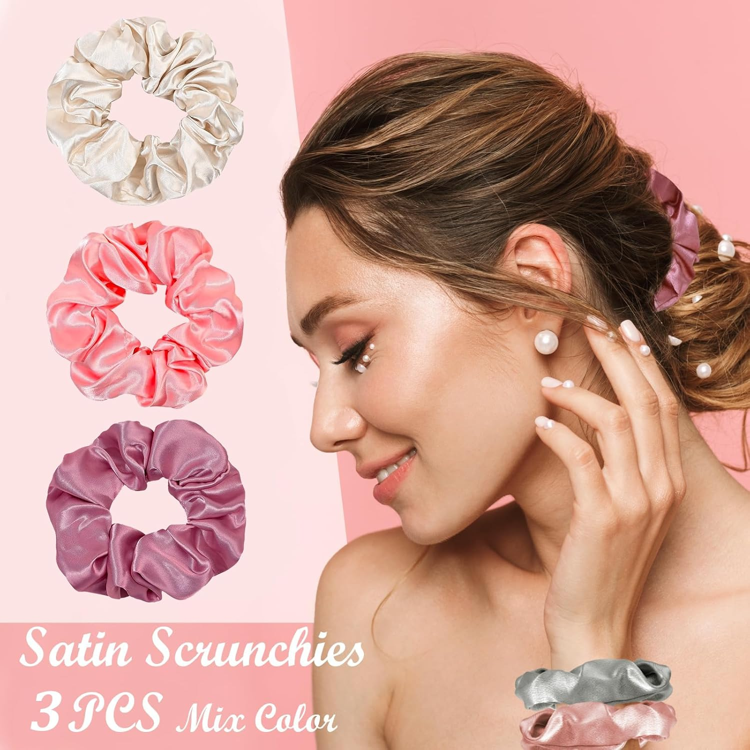 Hshenjhu Pack of 3 Satin Scrunchies, Soft Elastic Scrunchies, Hair Bobbles without Marks, Breakage Prevention Hair Band, Silk Ponytail Holder, for Women, Girls, Hair Accessories, 3 Colours image number 4
