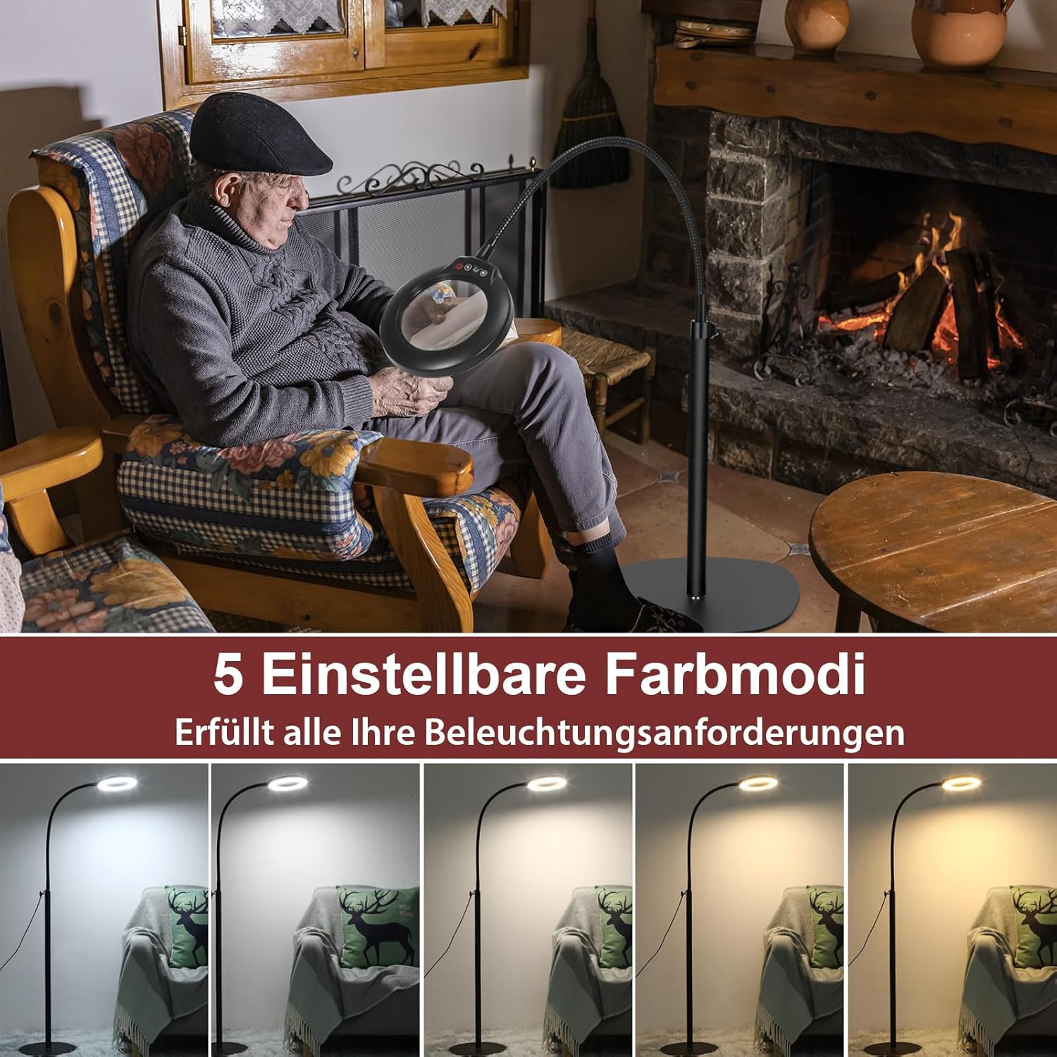 Veemagni 10X Floor Lamp with Magnifying Glass, 3 in 1 LED Magnifying Lamp, Flexible 24 Inch Gooseneck Floor Lamp, 5 Colour Modes Continuous Dimming, Floor Lamp on Stand for Reading Painting image number 6