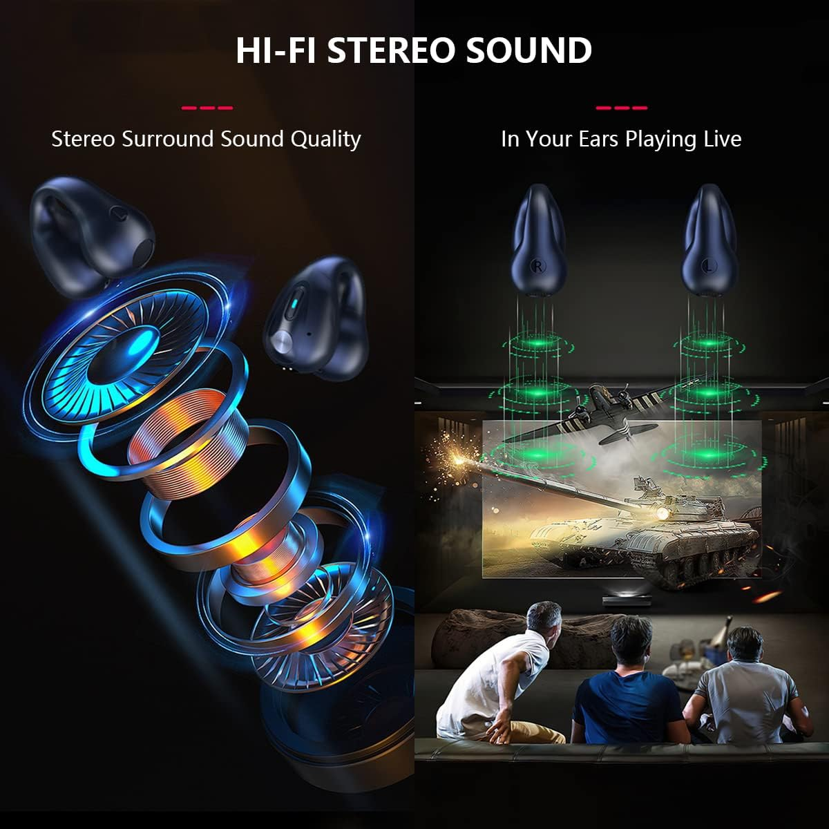 Wireless Ear Clip Bone Conduction Earbuds Open Ear Headphones Bluetooth 5.3, Mini Clip on Sport Earphone Painless Wireless Bluetooth Headset for Running Driving Workout, LED Battery Display Black