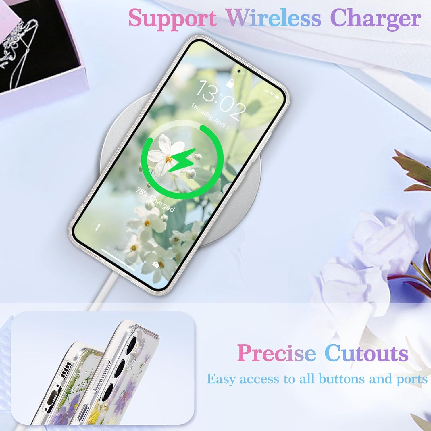 EYZUTAK Dried Flower Case for Samsung Galaxy S23, Soft Slim TPU Clear Sparkle Stars Glitter Silicone Gel Shockproof Flower Protective Case Light Blue