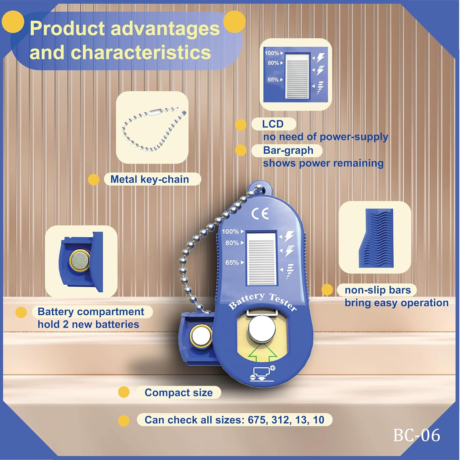 FUTURESUN Hearing Aid Battery Tester & Holder &ndash; Portable LCD Display, Fits Sizes 675, 312, 13, 10 &ndash; Compact Keychain Design with Storage for 2 Batteries, No Power Supply Needed image number 6