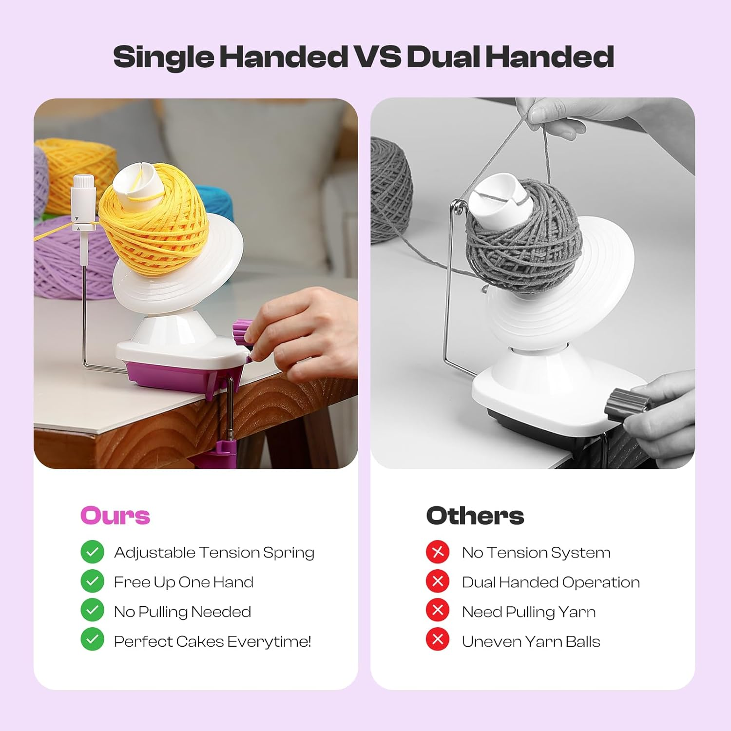 Caydo Yarn Winder with Tension Spring, One Hand Operated Winders, 4-7Oz Efficiently Compact Cake Roller for Crocheting, Portable Ball Spinner for Crocheters, Ideal Helper for Craft Lovers(Purple) image number 5