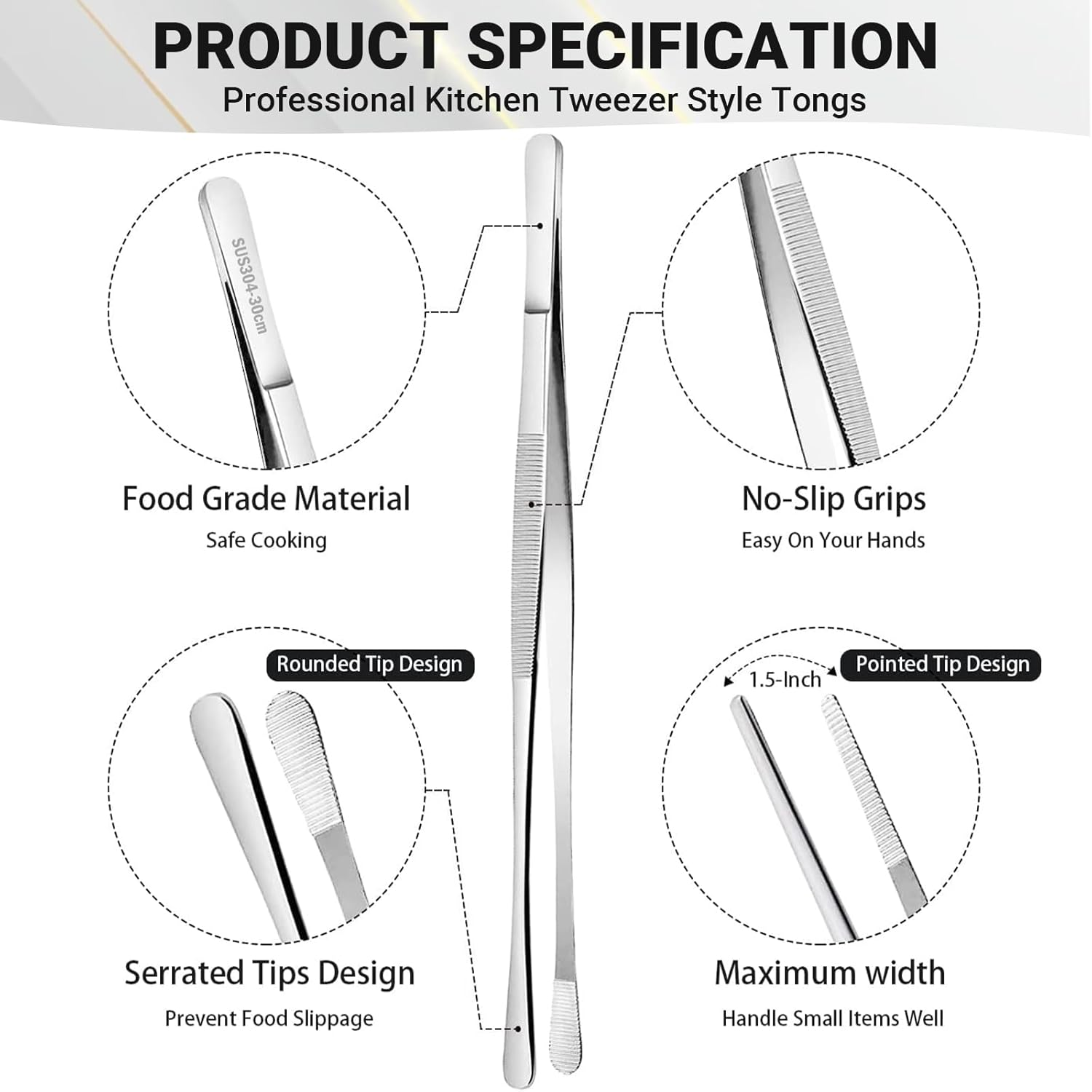 JOWILIN Kitchen Tweezers, 2 Pcs 304 Stainless Steel Cooking Tweezers Tongs, 12'' Long Food-Grade Including Fine Head and Broader Head for Cooking BBQ Grilling Barbecue Culinary Serving (Silver) image number 1