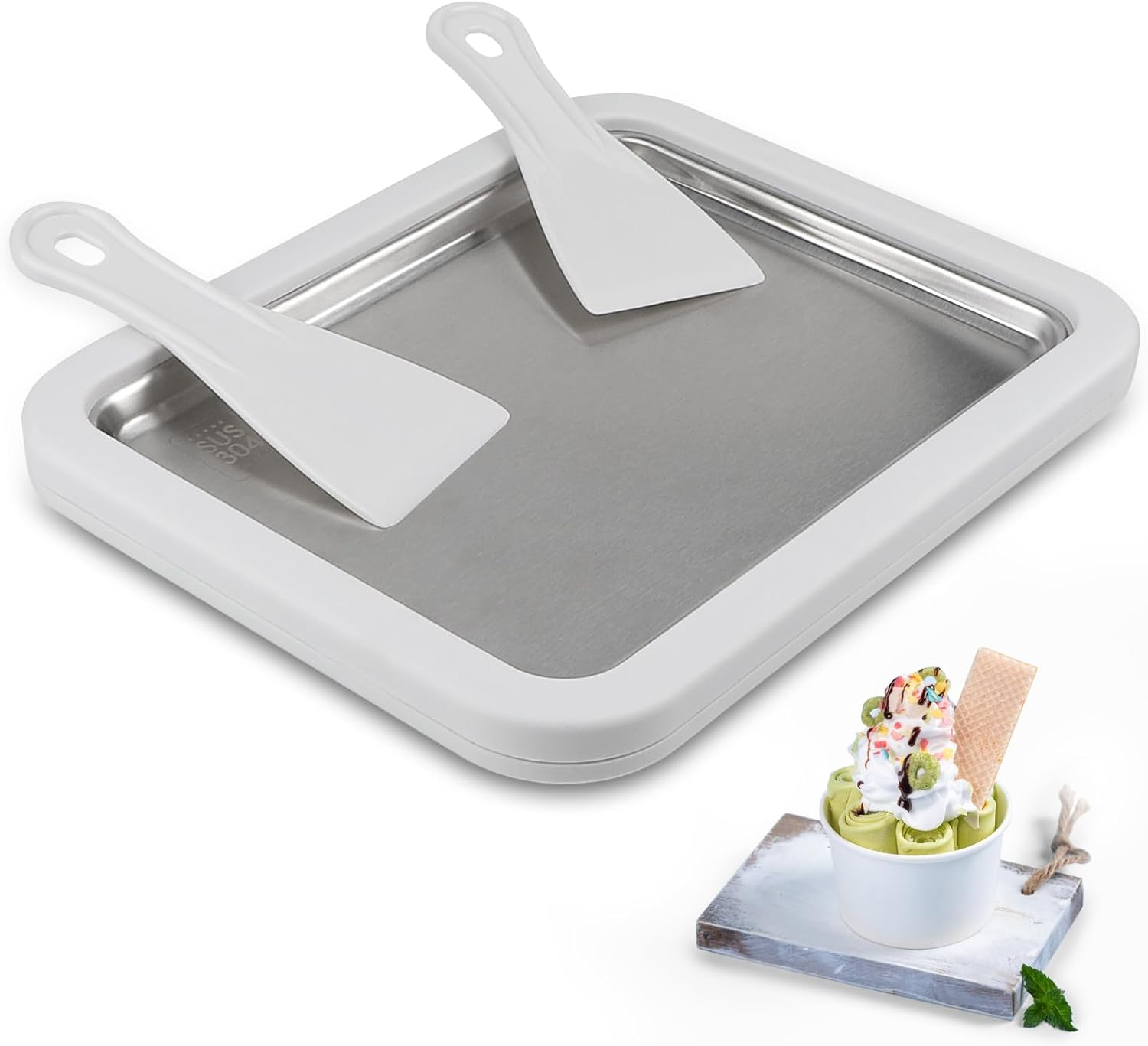 DBREAKS Ice Cream Roller Maker Pan, Ice Plate, Ice Cream Rolls Maker, Ice Rolls Machine, Homemade Ice Cream, Ice Cream Plate for Ice Rolls, Stainless Steel, for Frozen Yoghurt Ice Cream Gelato, Green image number 2