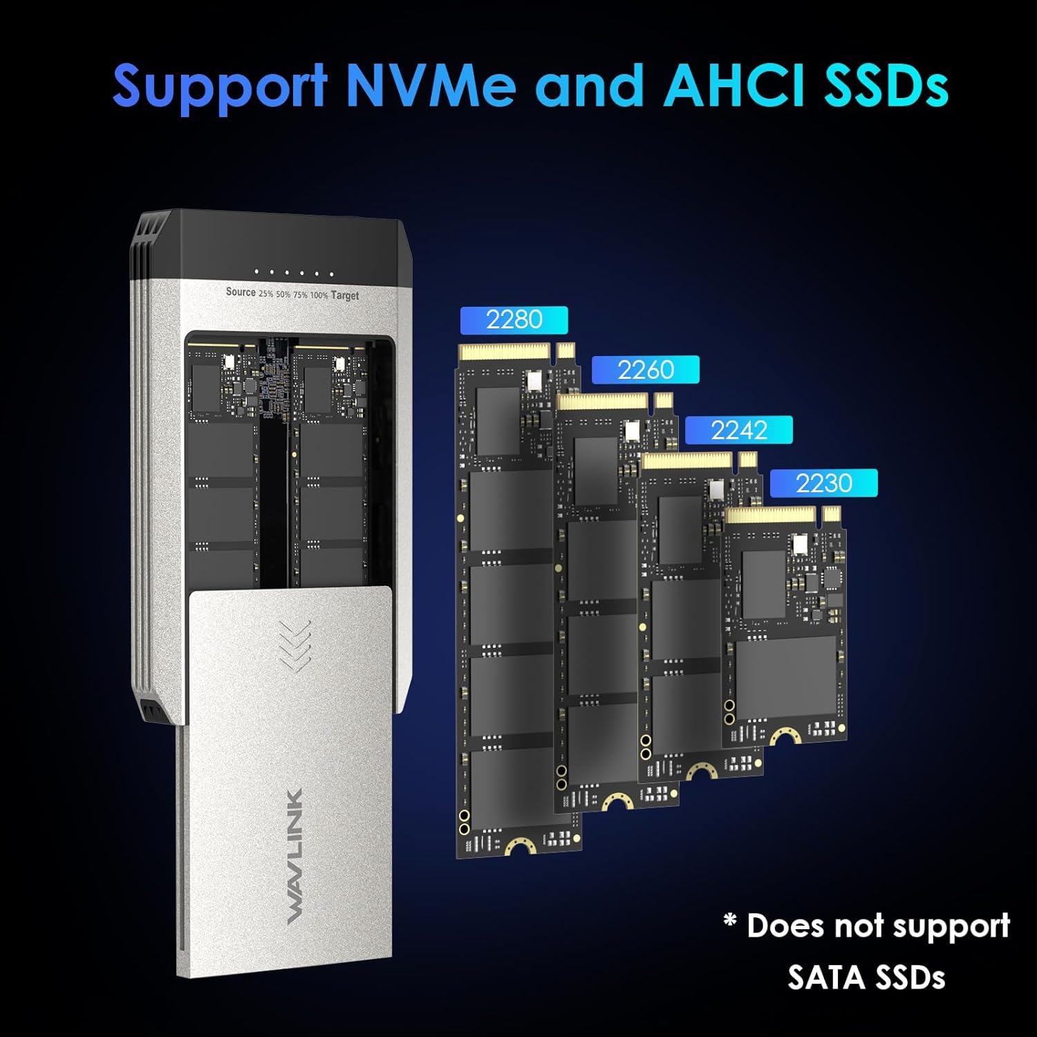 WAVLINK Nvme Cloner, M.2 Cloner Dual-Bay Offline Clone Tool-Free, 20Gbps M.2 Duplicator with Heat Dissipation, Nvme Enclosure for Ssds Pcie Sizes 2230/2242/2260/2280, Supports Nvme and SATA, up to 8TB