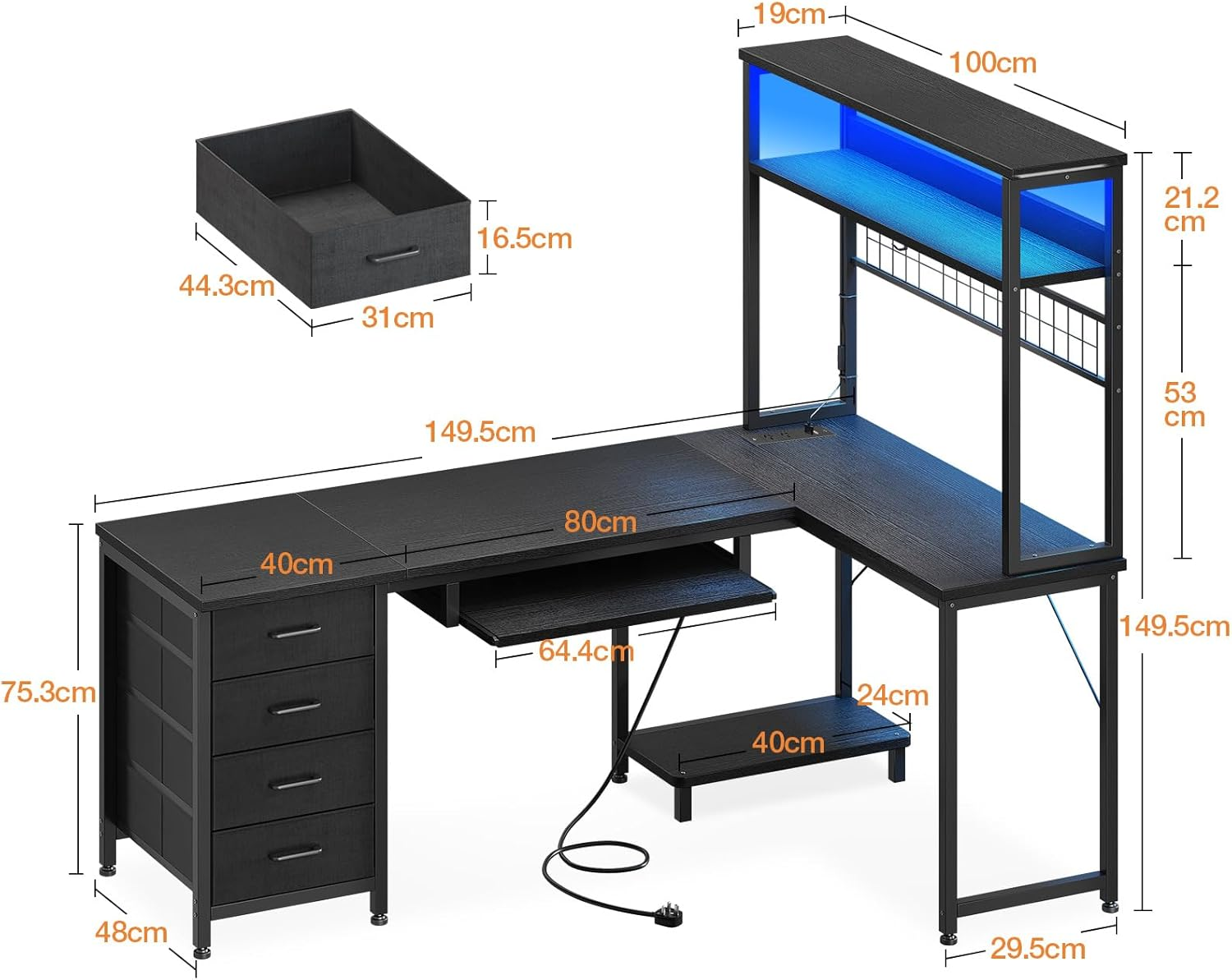 ODK 59Inch Reversible Computer Desk with Drawers,Corner Office Desk with LED Lights & Power Outlets, L Shaped Desk with Shelf & Extendable Keyboard Tray, Study PC Gaming, 149.5 * 100 * 149.5Cm, Black image number 6