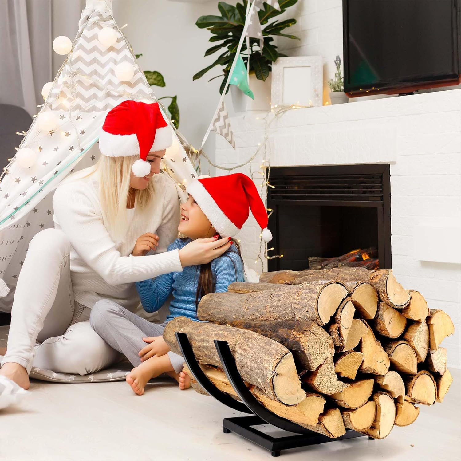 Curved Firewood Rack Holder: Heavy Duty Firewood Holder Indoor Outdoor for Firewood Storage - Fireplace Wood Rack Log Holder Black 22-Inch image number 5