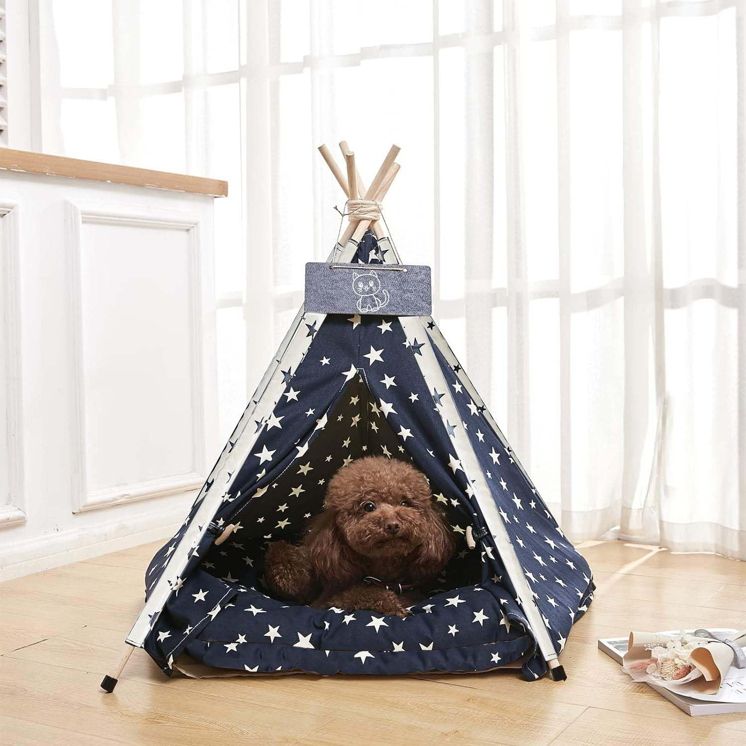 Pet Teepee Tent 60 Cm &ndash; Portable Indoor Dog and Cat Bed with Plush Cushion, Washable Navy Blue Stars Pattern Tent House, Ideal for Puppies and Kittens image number 1