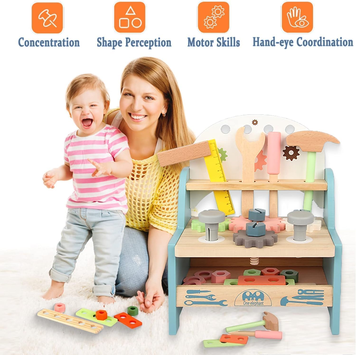 Tool Bench for Kids Toddlers, Xicen，Montessori Wooden Tool Workbench Set, Construction Workshop Pretend Play Toy 1 2 3 4 5 Years Old Boys image number 5