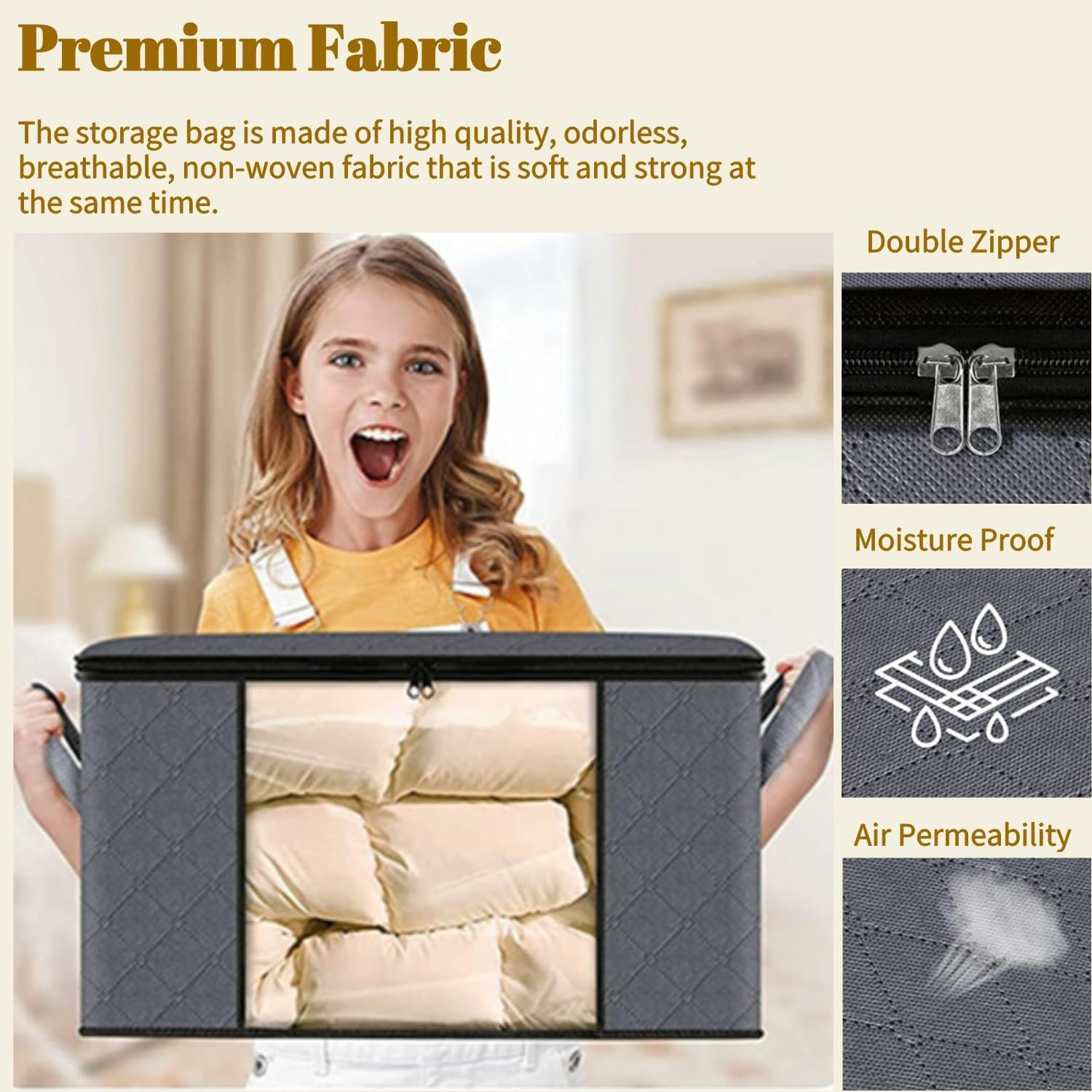 Evangrinzia 6 Pack Clothes Storage, Foldable Thick Fabric Blanket Storage Bags, Containers for Organizing Bedroom, Closet, Clothing, Comforter,Closet Organization with Handle (Grey,60L) image number 2