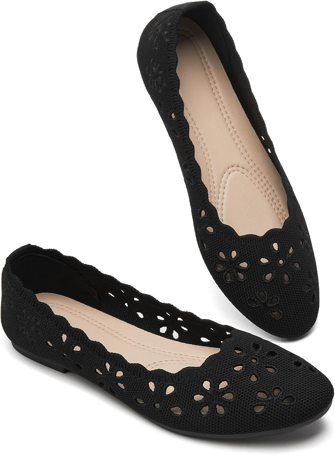 BABUDOG Knit Ballet Flats Shoes for Women,Womens Flats Dressy Comfortable,Women&rsquo;S Dress Shoes with Flower Eyelets,Slip on Casual Walking Flats