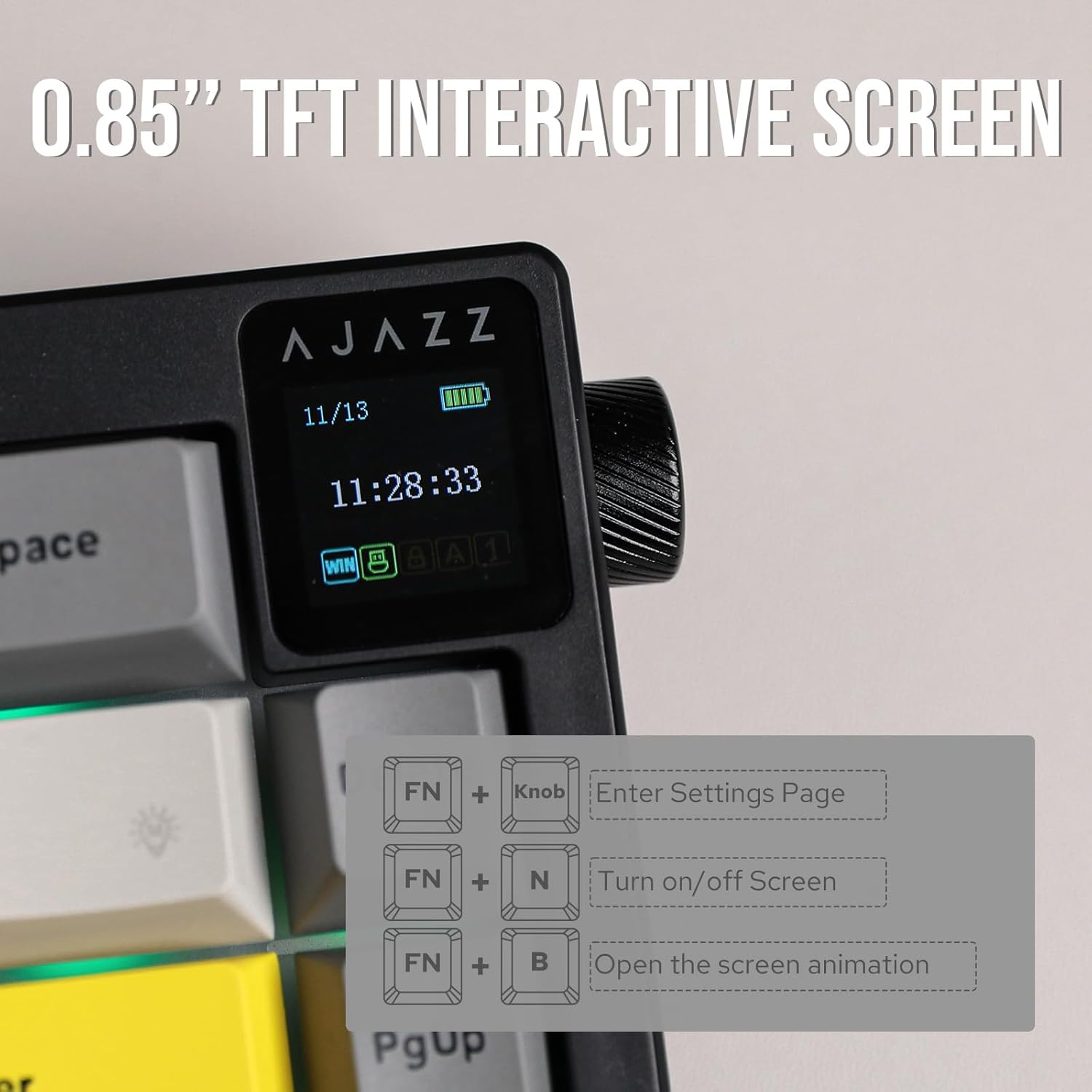 Mechlands AJAZZ AK650 65% Gasket Mechanical Keyboard, 3 Modes Wireless Gaming Keyboard with 0.85'' TFT Screen & Knob, Hot Swappable, 5000 Mah Battery, Flex-Cut Plate & PCB, RGB (Grey)