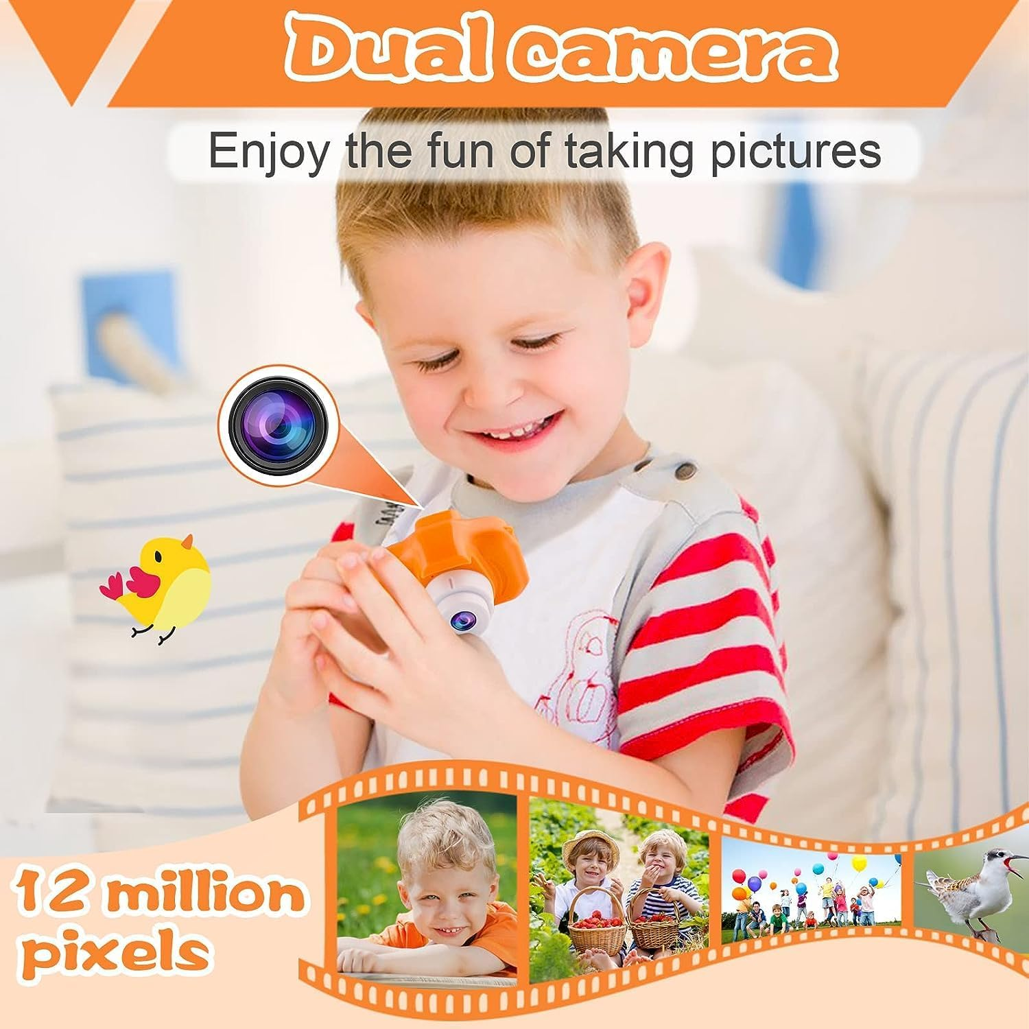 Seckton Kids Selfie Camera, Christmas Birthday Gifts for Girls&Boys Age 3-9, HD Digital Video Cameras for Toddler, Portable Toy for 3 4 5 6 7 8 Year Old Girls&Boys with 32GB SD Card (Orange-Yellow) image number 1