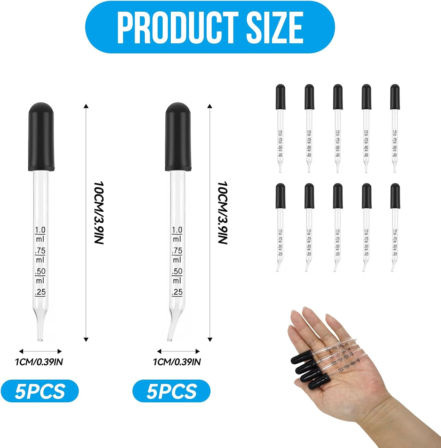 10 Pack Glass Droppers Set, 1Ml Pipettes with Natural Rubber Bulbs, Straight & Elbow Tip Calibrated Droppers for Essential Oils Science Labs Skincare Formulating image number 5