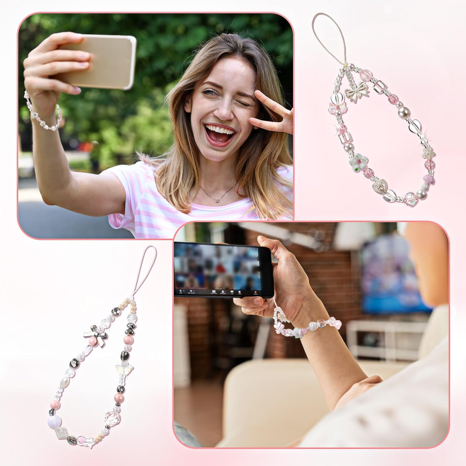 XLIUAX Camera Wrist Strap, Phone Wrist Charm Beaded Camera Strap Phone Wristlet Charms Digital Cameras Lanyards for Keychain Bag Bow Accessories Aesthetic Charms