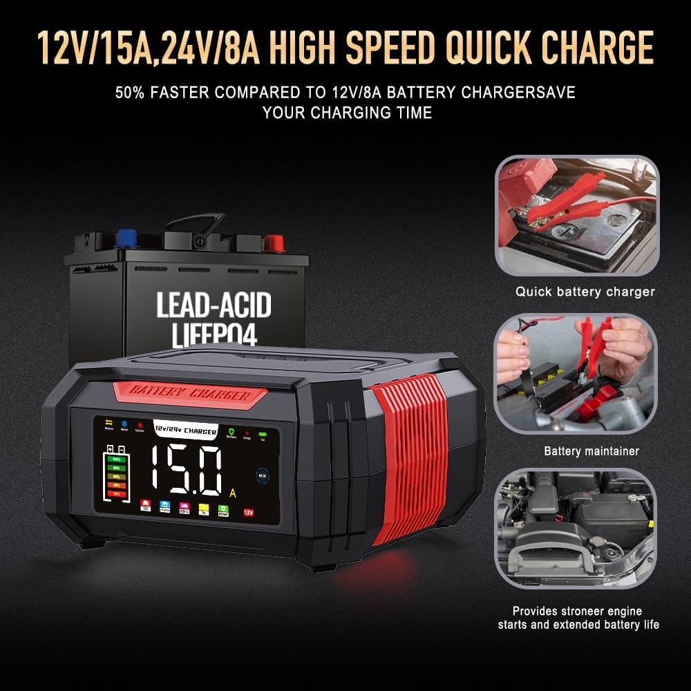 AILRINNI 15-Amp Car Battery Charger, 12V and 24V Smart Car Battery Charger AU Plug,Trickle Charger for Car - Smart Fully-Automatic Battery Maintainer with Temperature Compensation and LCD Display